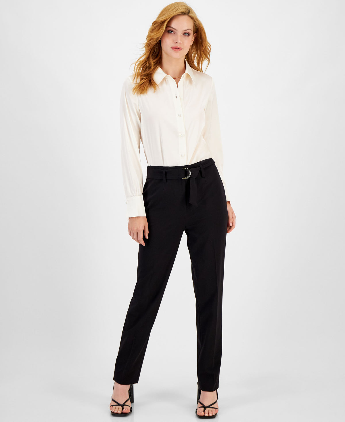 Women's Satin Long-Sleeve Collared Blouse