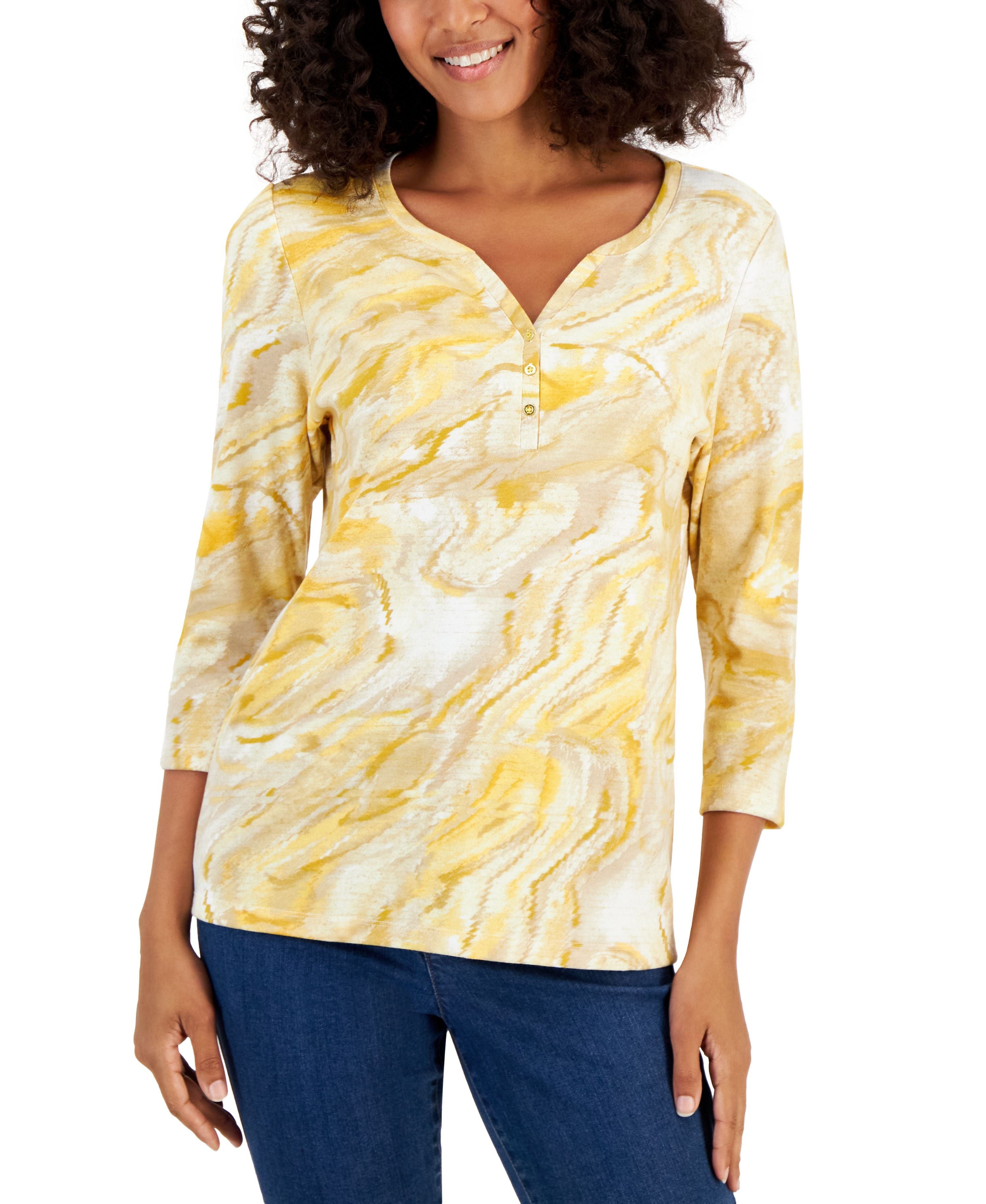 Printed 3/4-Sleeve Henley Top
