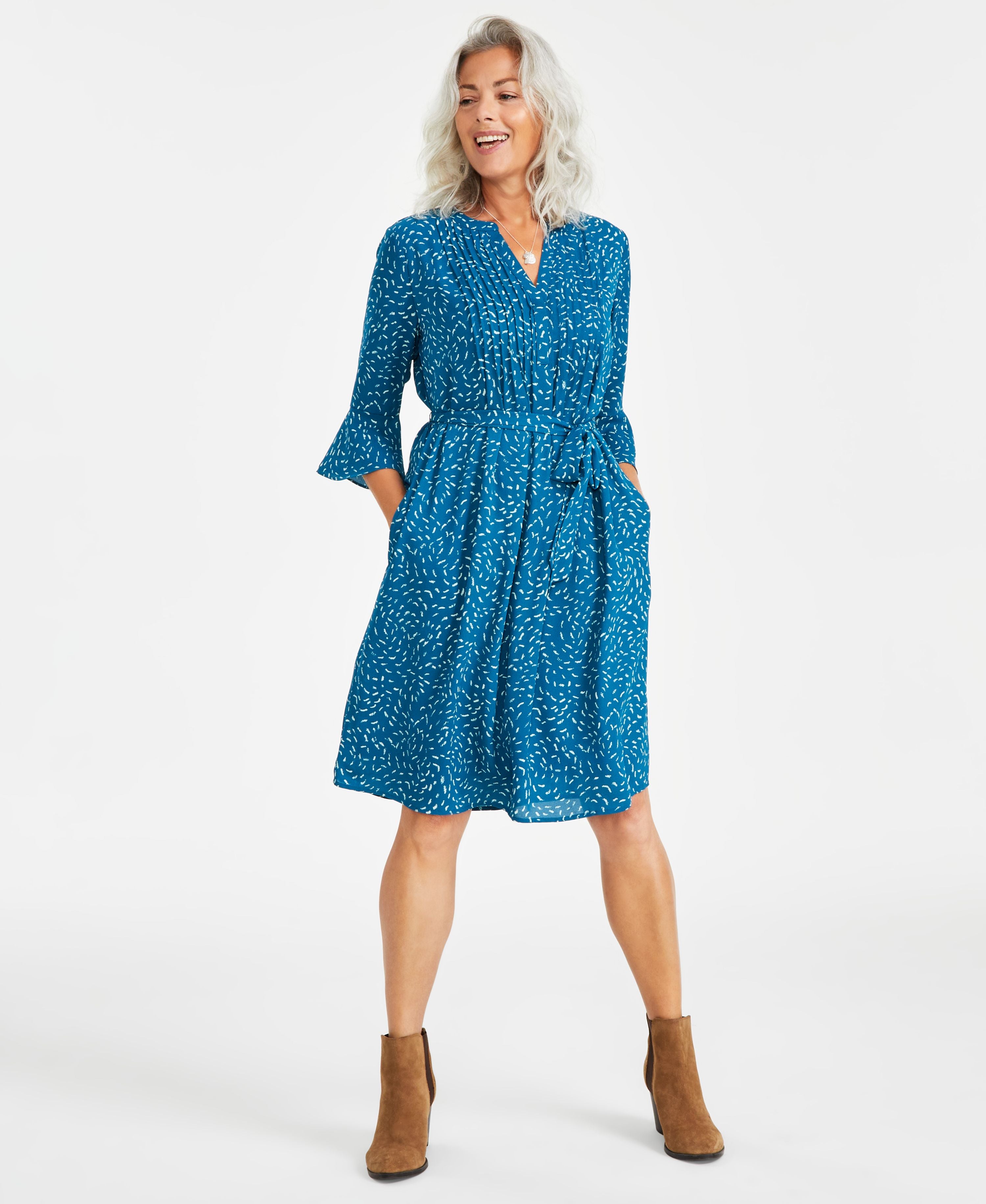 Women's Pleated Bell-Sleeve Belted Dress