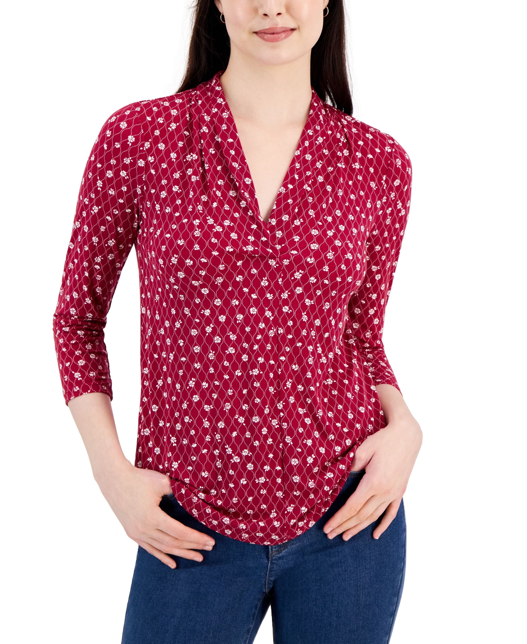 Petite Pleated-Neck 3/4-Sleeve Top