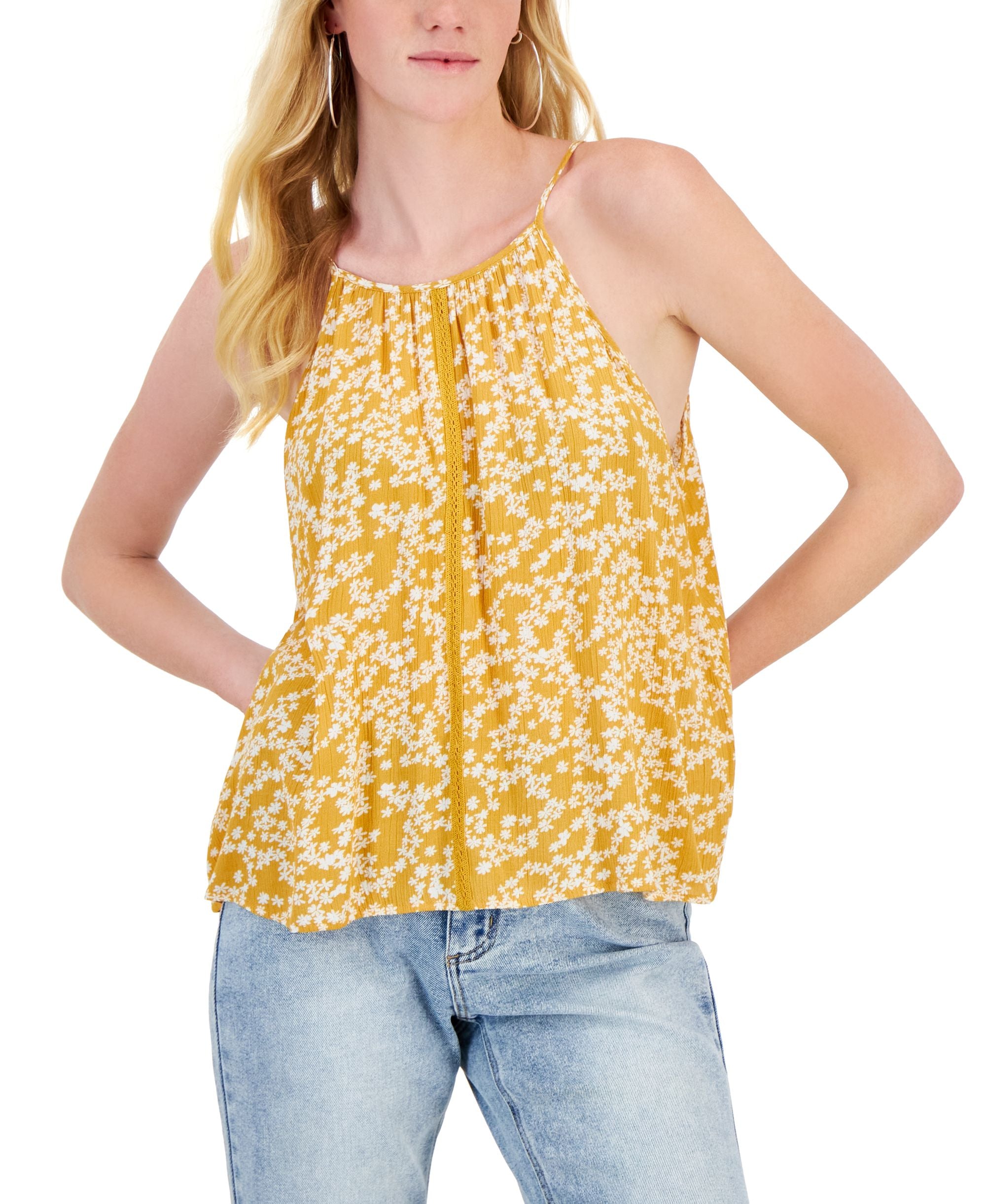 Juniors' High-Neck Crochet-Trim Tank Top
