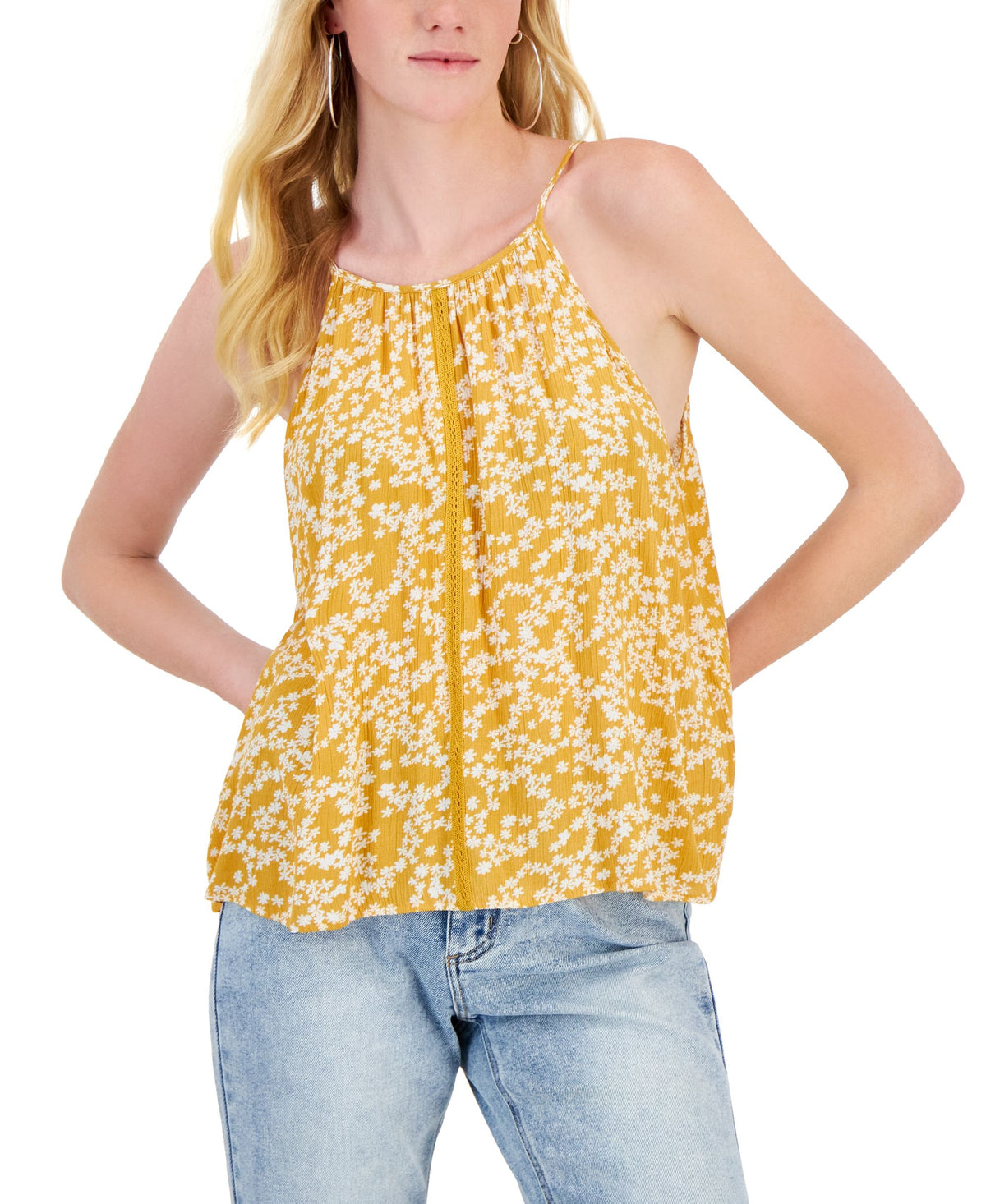 Juniors' High-Neck Crochet-Trim Tank Top