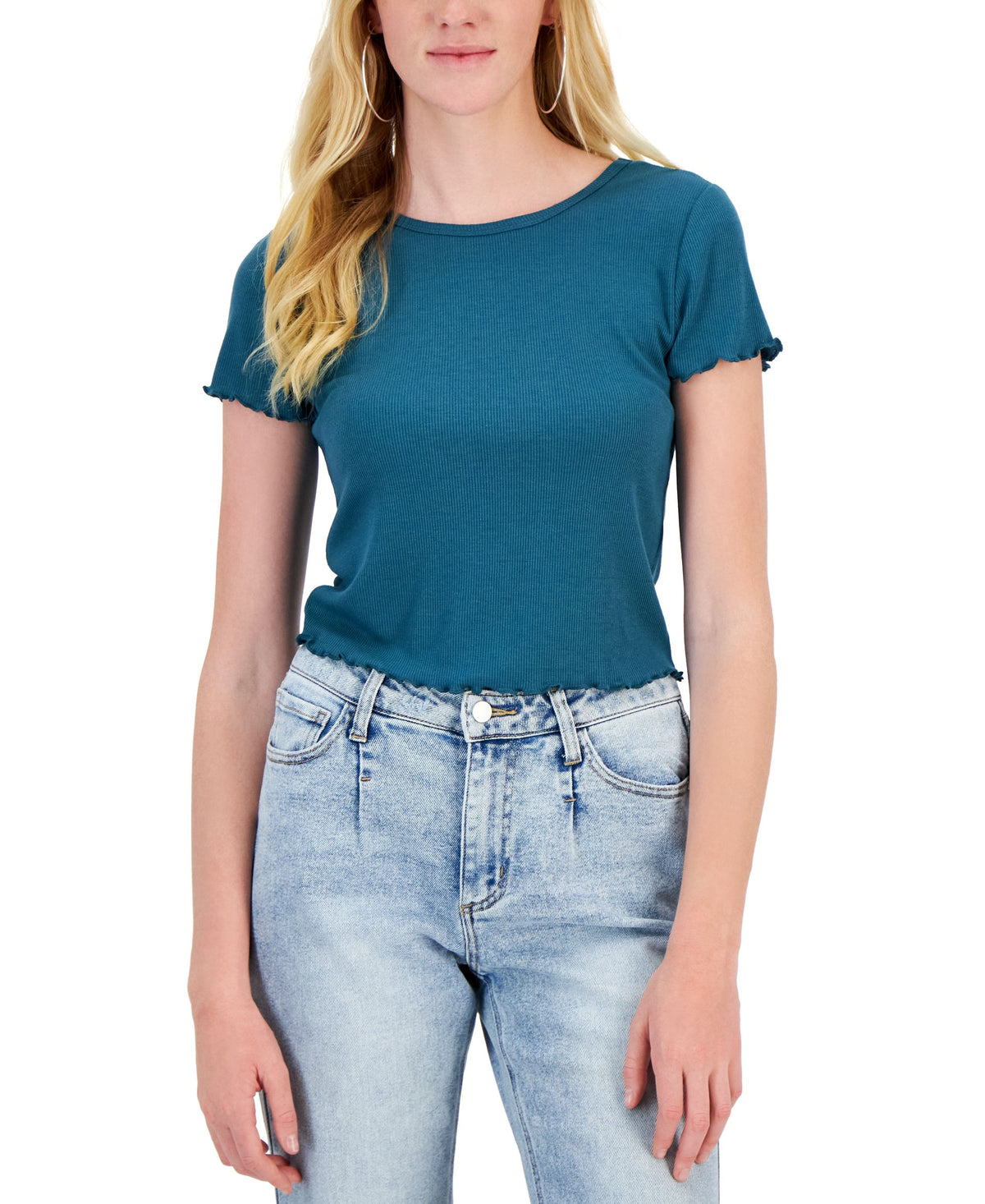 Juniors' Rib-Knit Lettuce-Edge Crewneck Tee
