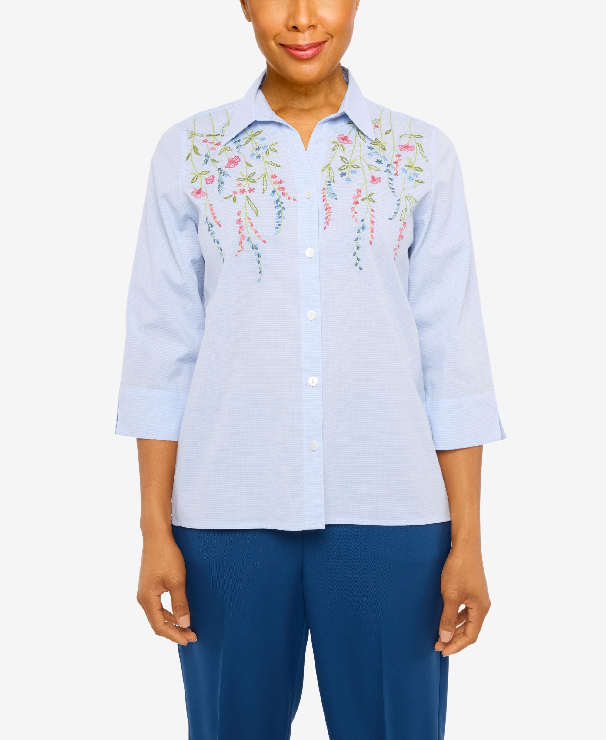 Petite Scenic Drive Embroidered Pinstripe Button Down Shirt