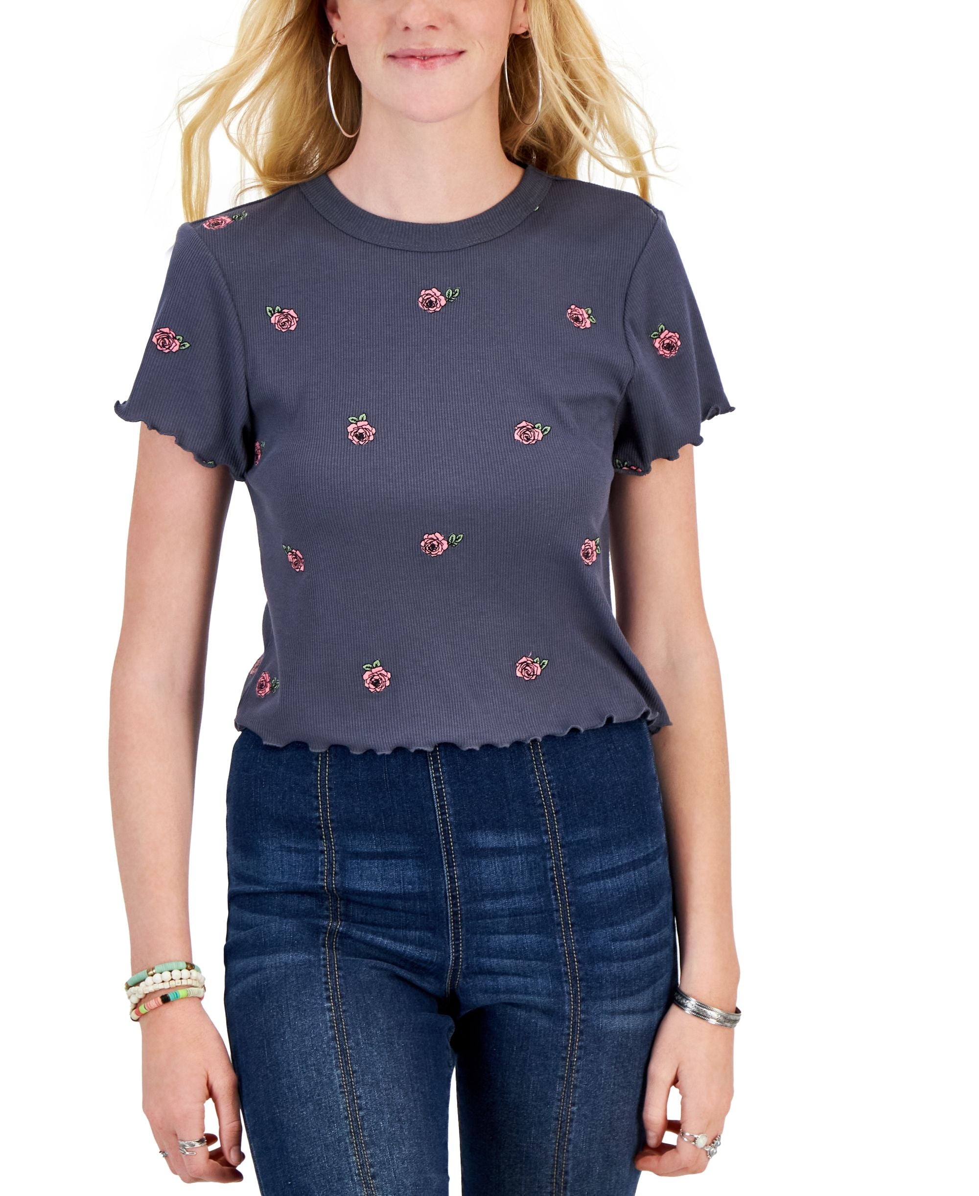 Juniors' All Over Embroidered Lettuce-Hem T-Shirt