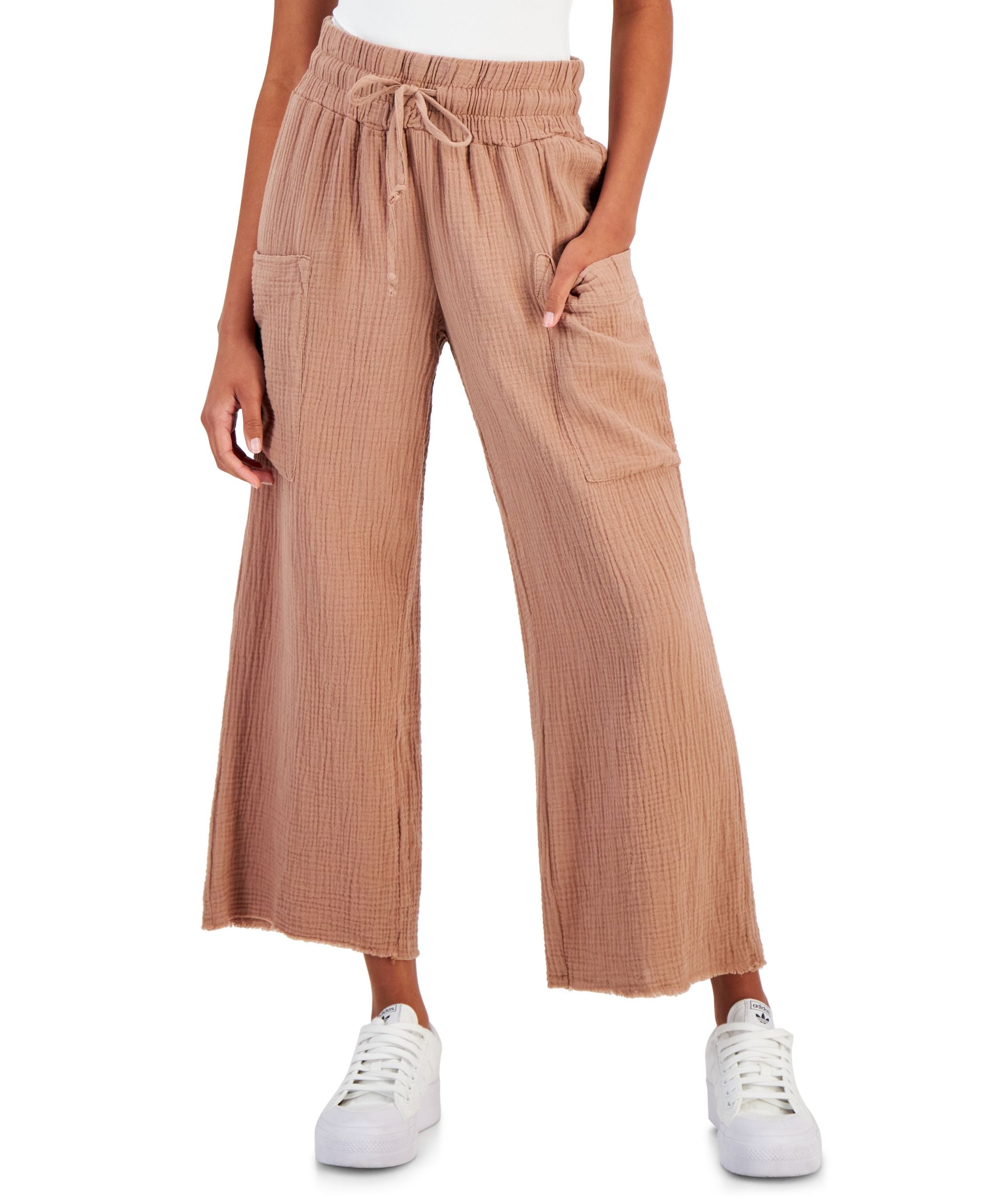 Juniors' Cotton Gauze Wide-Leg Pull-On Pants