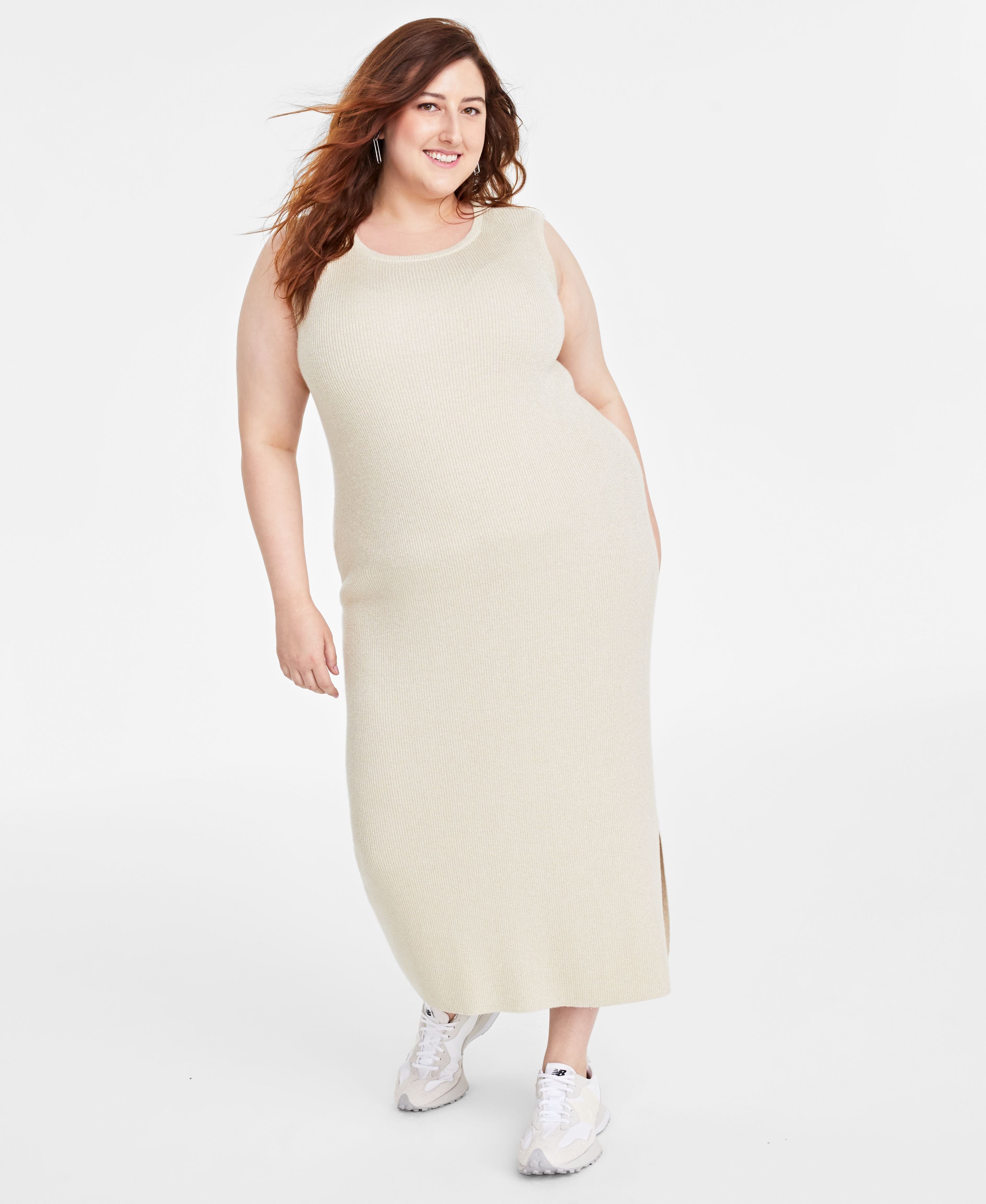 Plus Size Metallic-Knit Ribbed Tank Dress