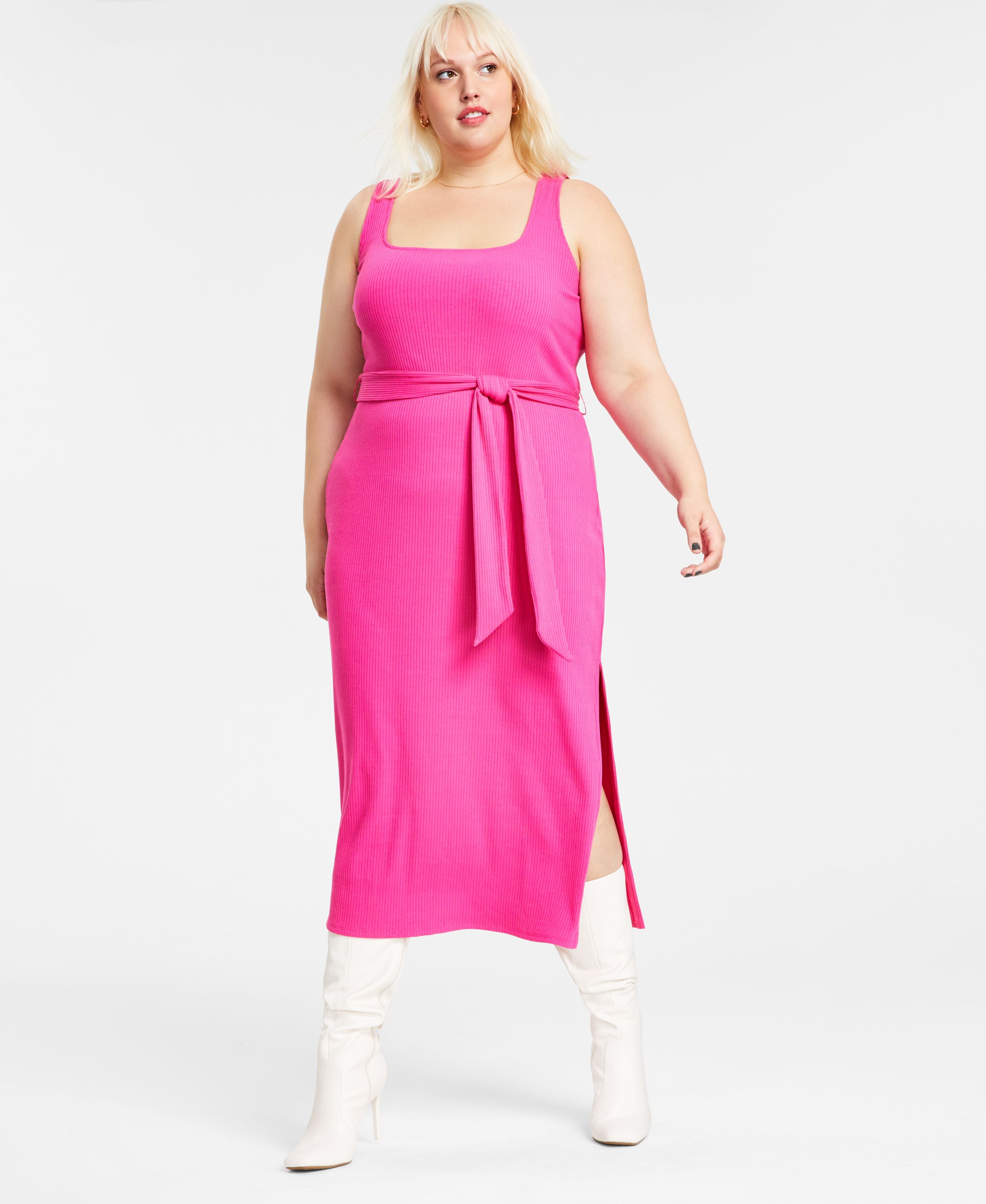 Plus Size Square-Neck Rib-Knit Midi Dress