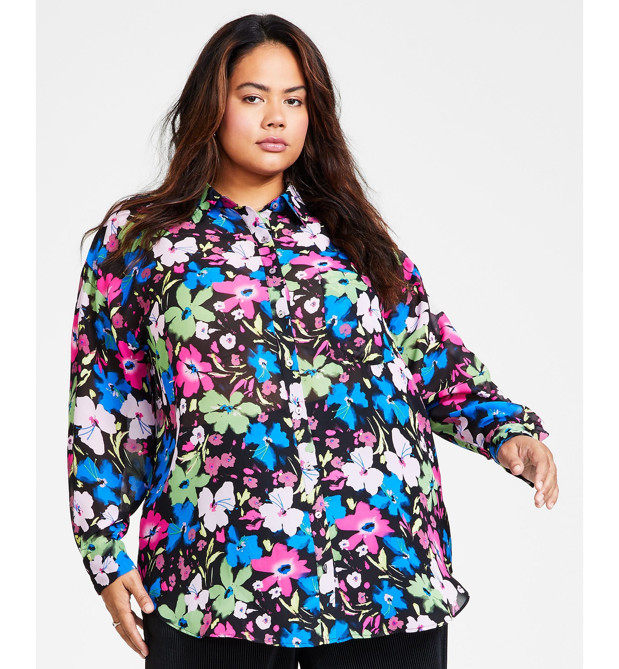 Plus Size Floral-Print Button-Down Chiffon Blouse
