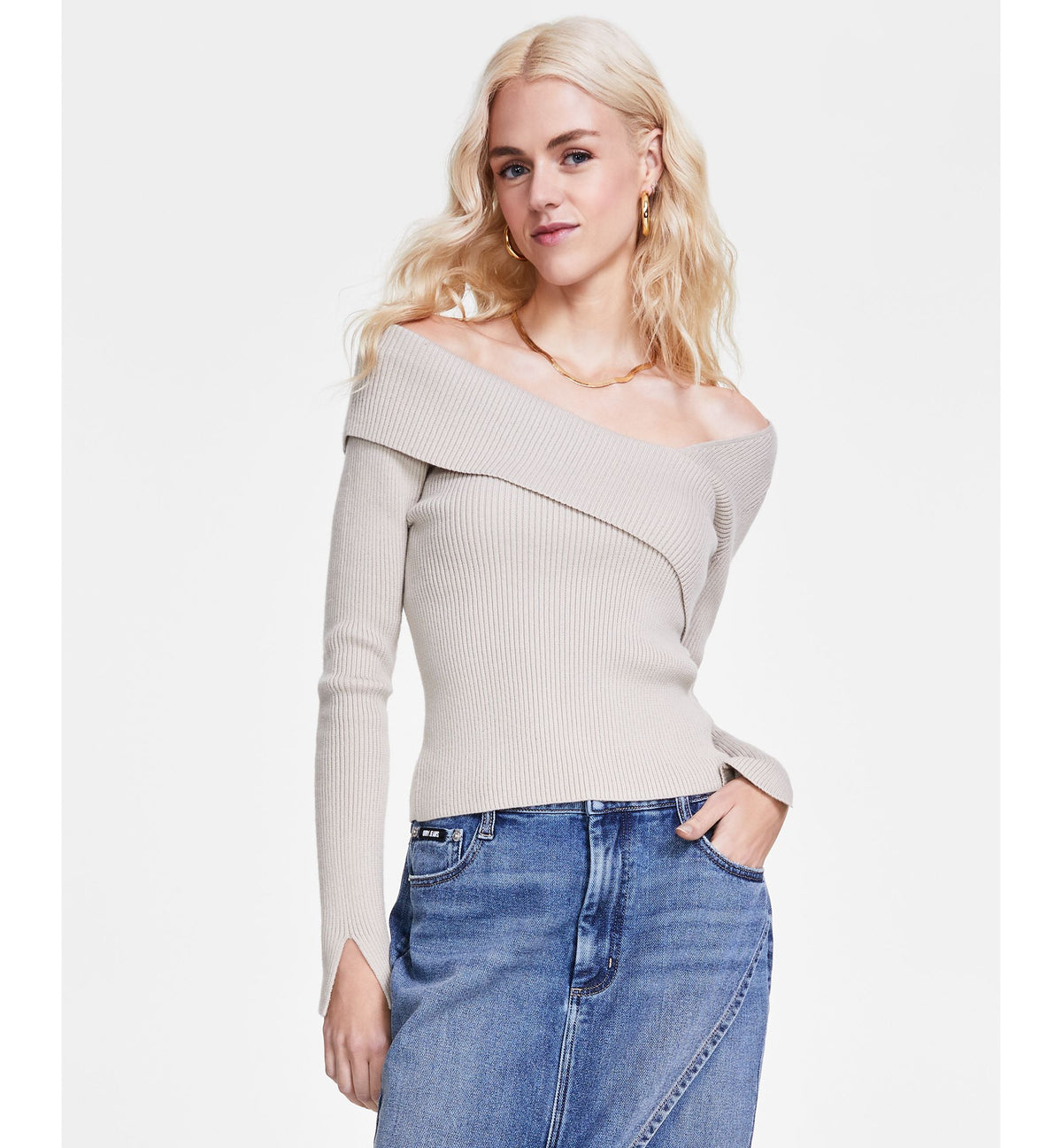 Women's Asymmetrical-Neck Ribbed Sweater