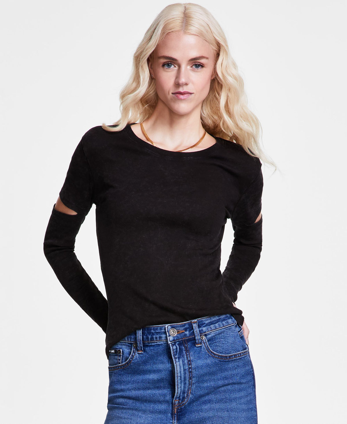 Women's Crewneck Long-Sleeve Cutout Knit Top