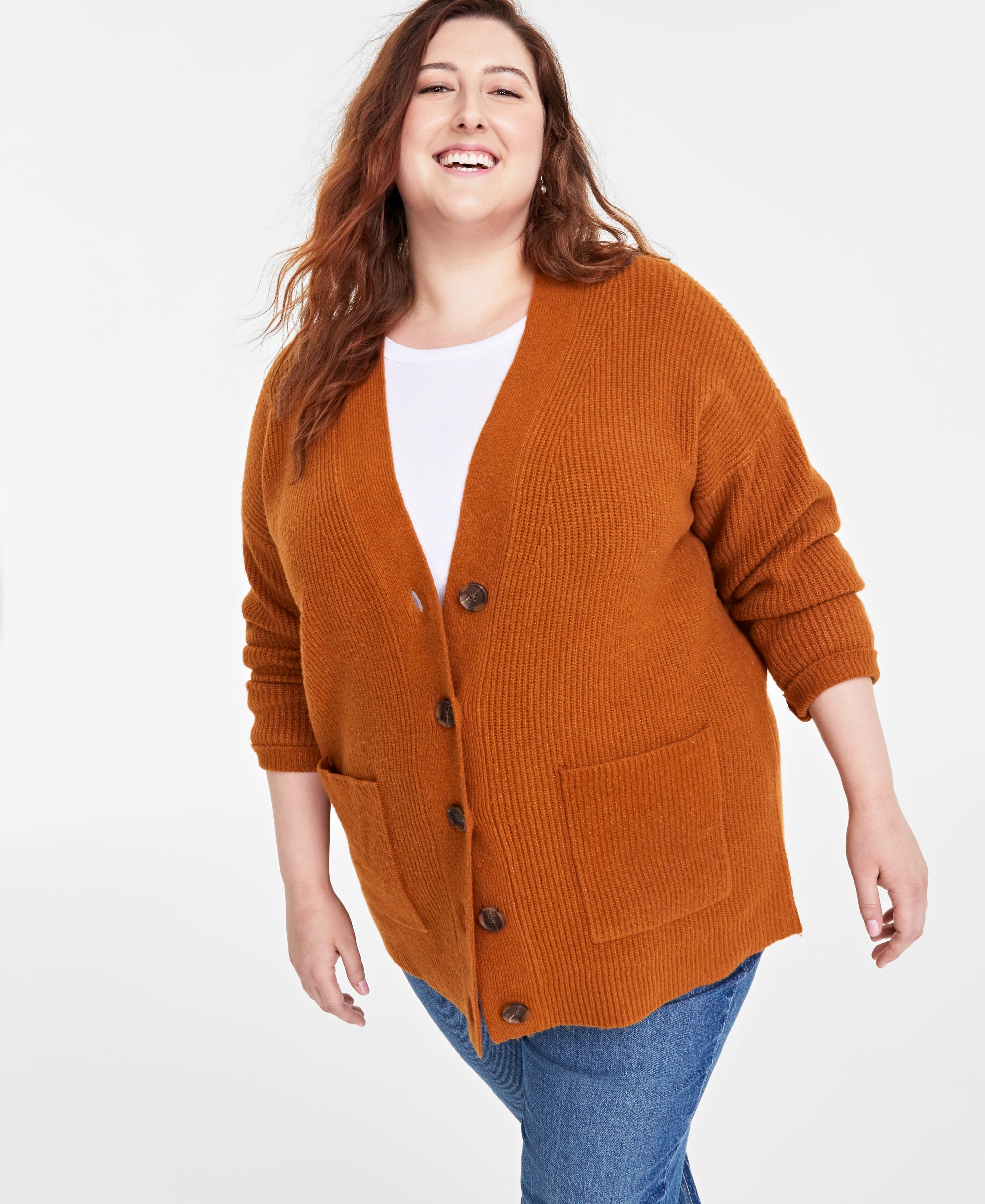 Plus Size Long Patch Pocket Cardigan