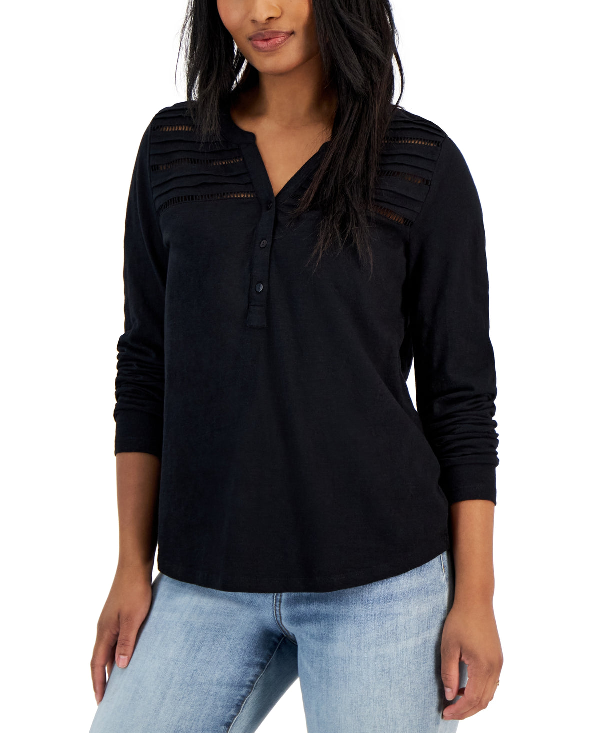 Petite Split-Neck Cotton Long-Sleeve Shirt
