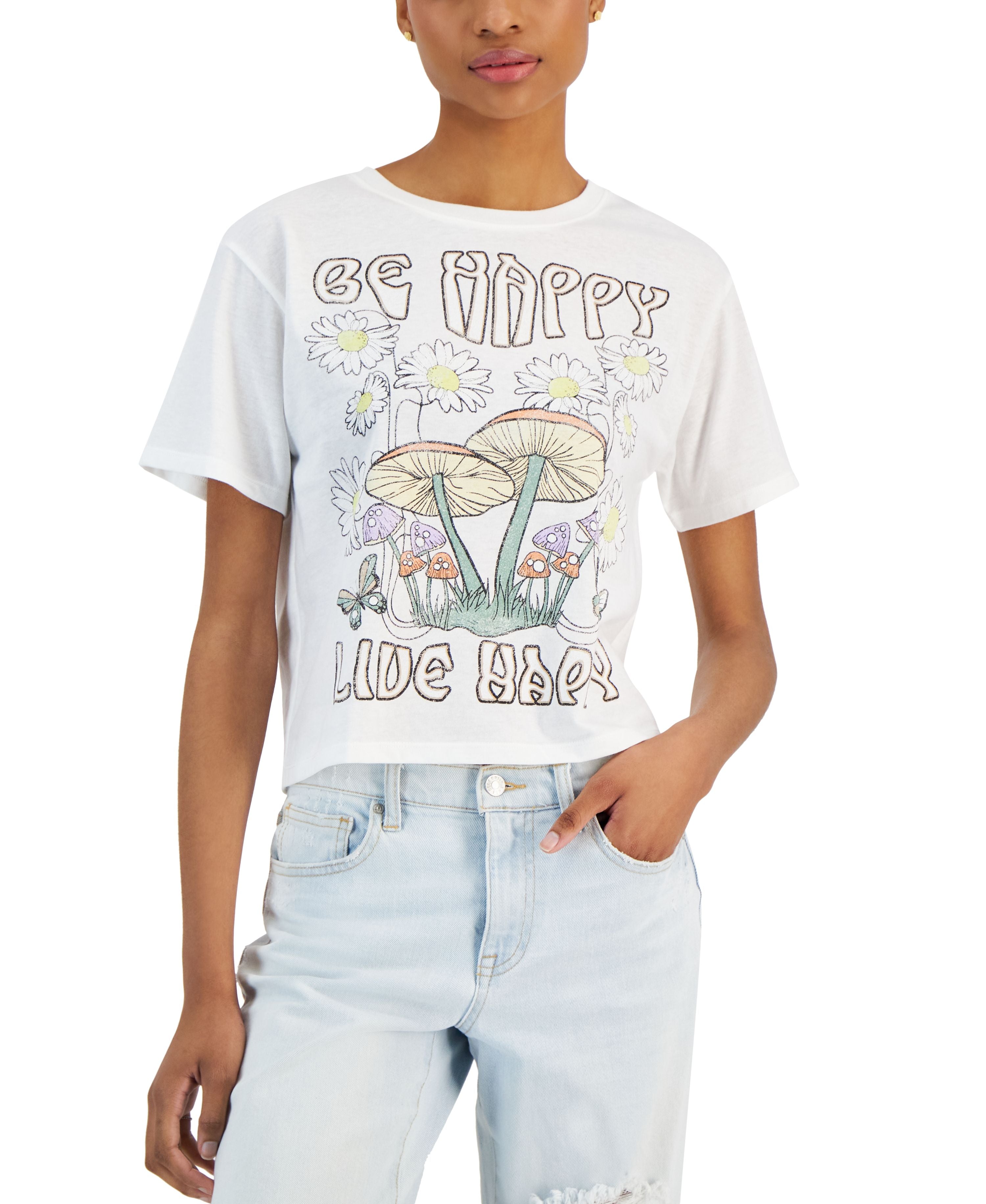 Juniors' Be Happy Live Happy Mushroom Short-Sleeve T-Shirt