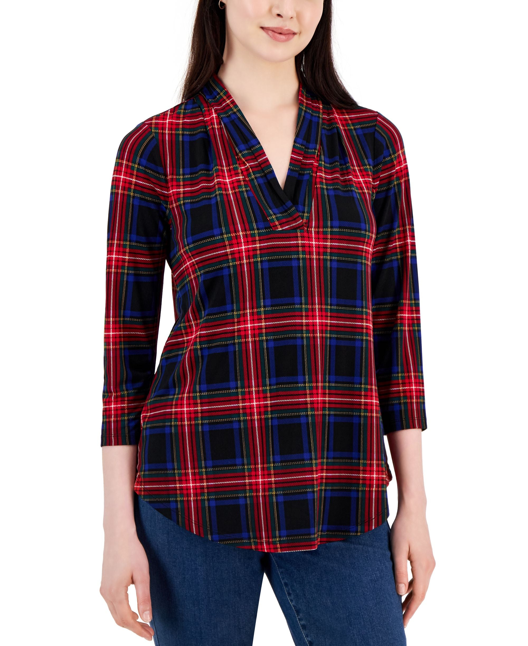 Petite Plaid Pleated-Neck 3/4-Sleeve Top