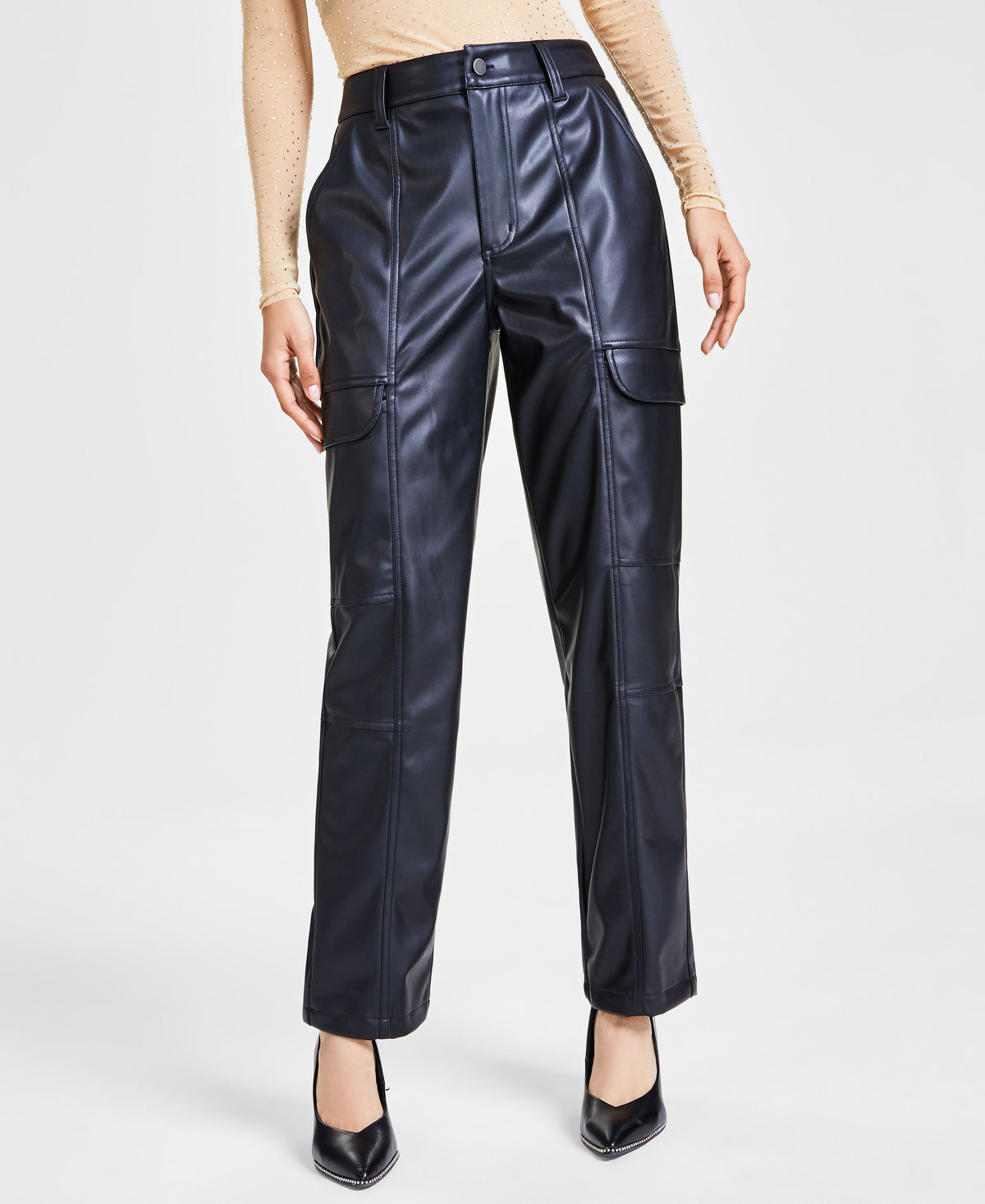 Women's Faux-Leather Cargo Pants