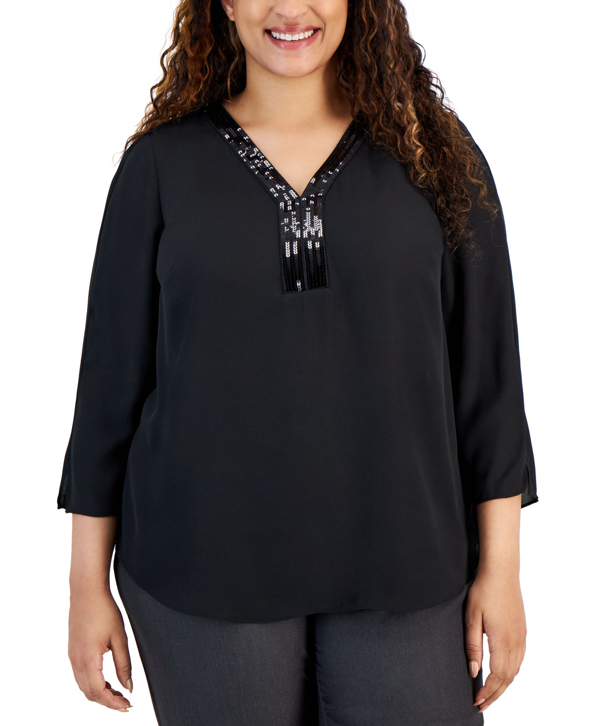 Plus Size Sequined-Neck 3/4-Sleeve Top