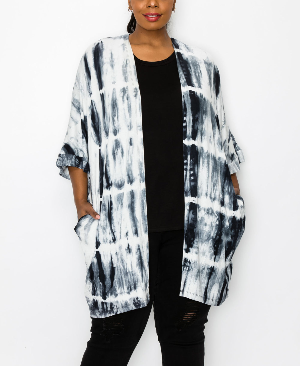 Plus Size Hand Tie Dye Pocket Kimono Top