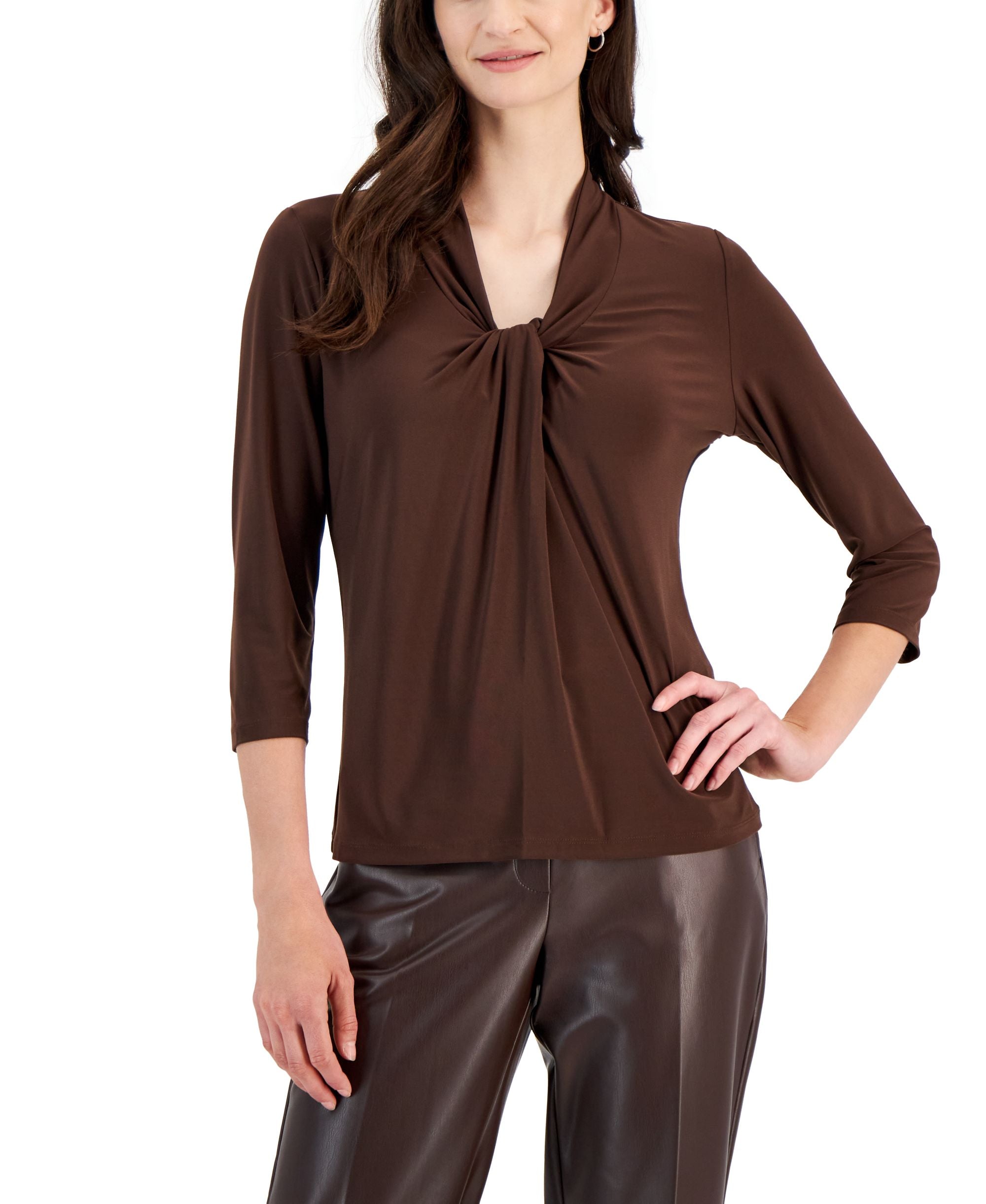 Petite Knot-Design 3/4-Sleeve Cowlneck Top