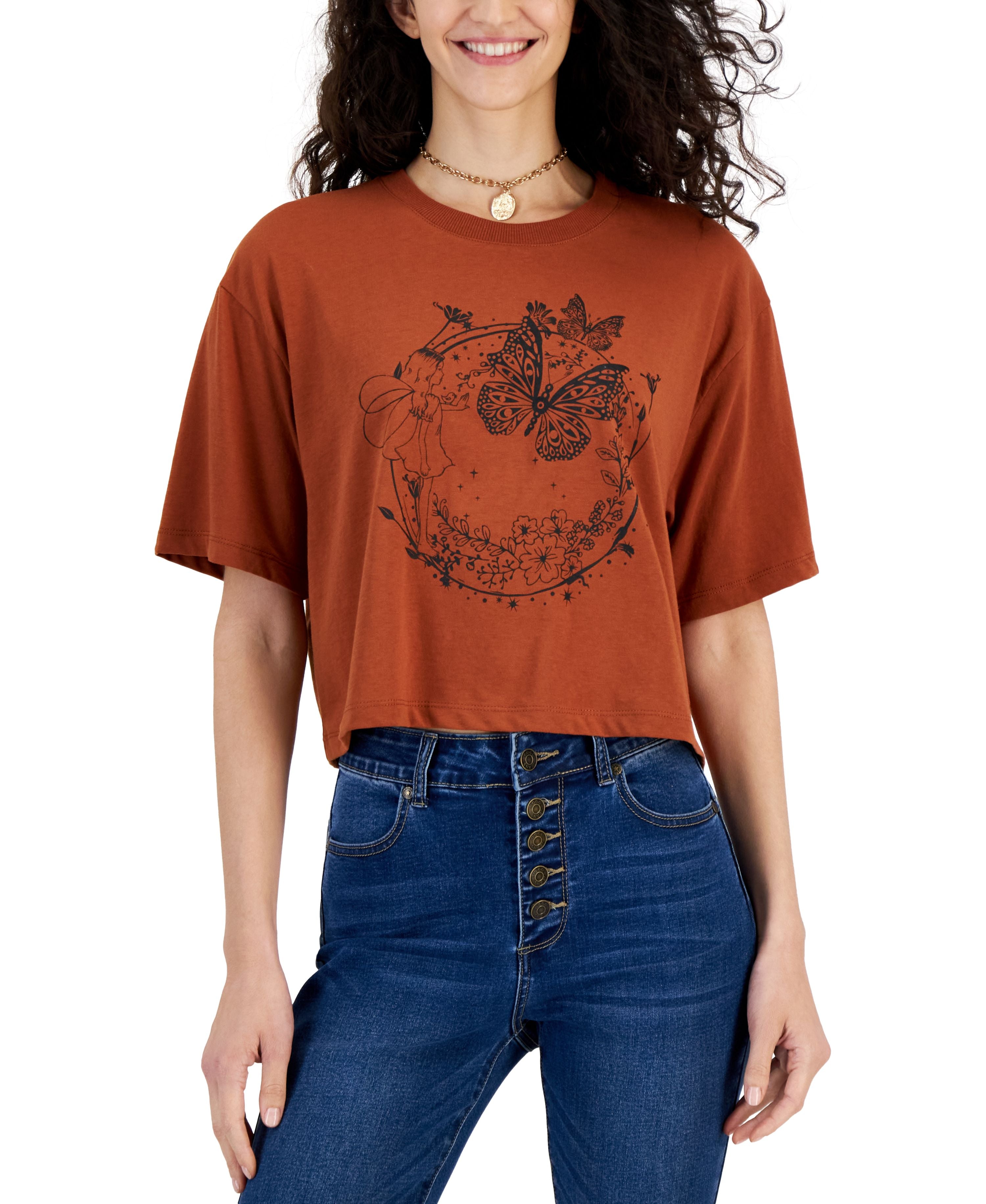 Juniors' Butterfly Celestial Boxy Cropped T-Shirt
