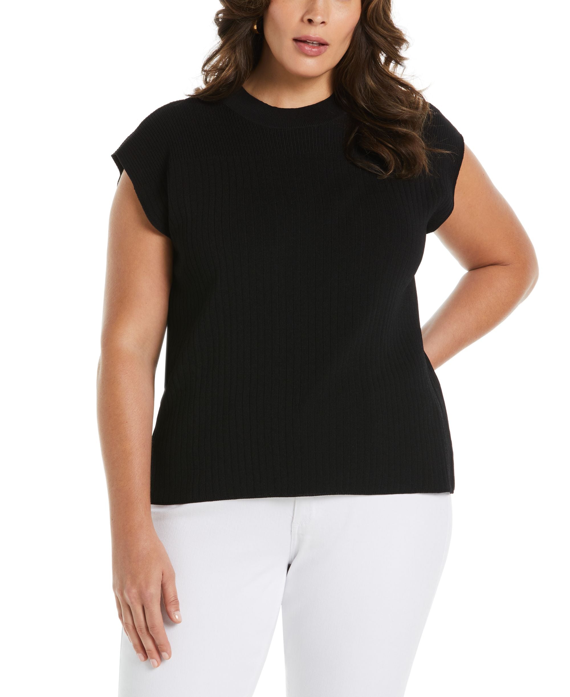 Plus Size Mixed Rib Mock Neck Sleeveless Sweater