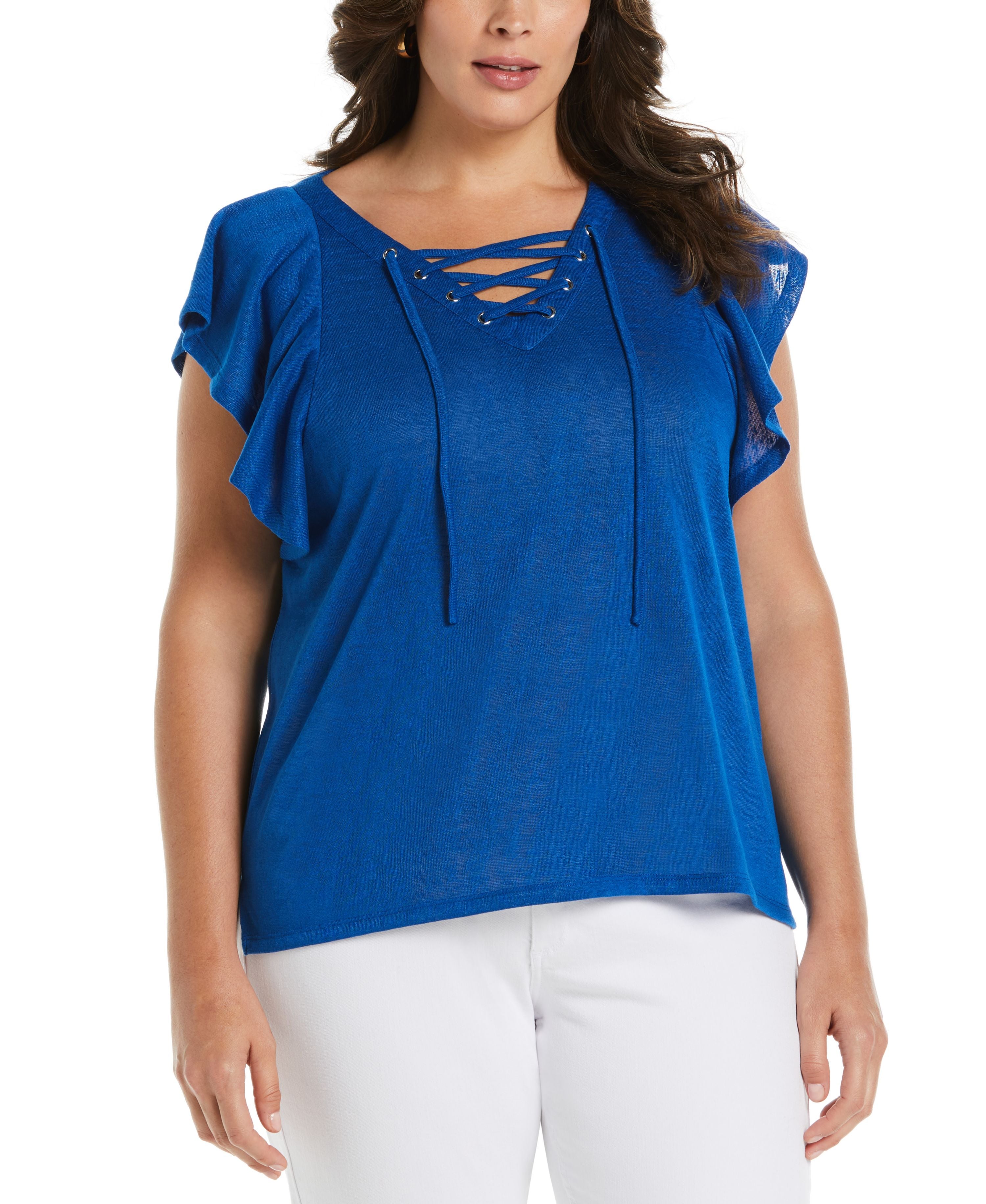 Plus Size Lace-Up Flutter Short Sleeve Top
