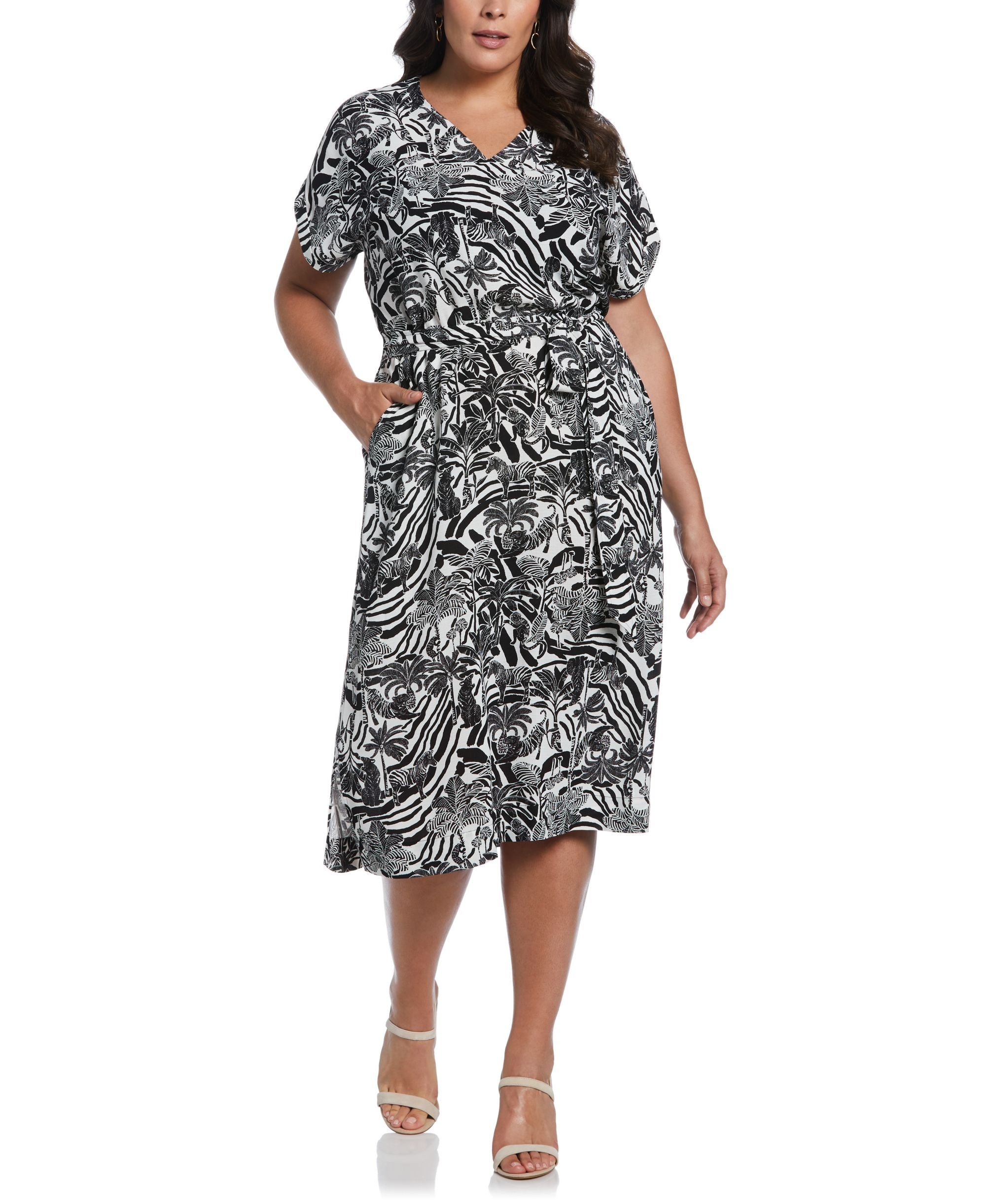 Plus Size Zebra Print V-Neck Sleeveless Midi Dress with Self Fabric Tie