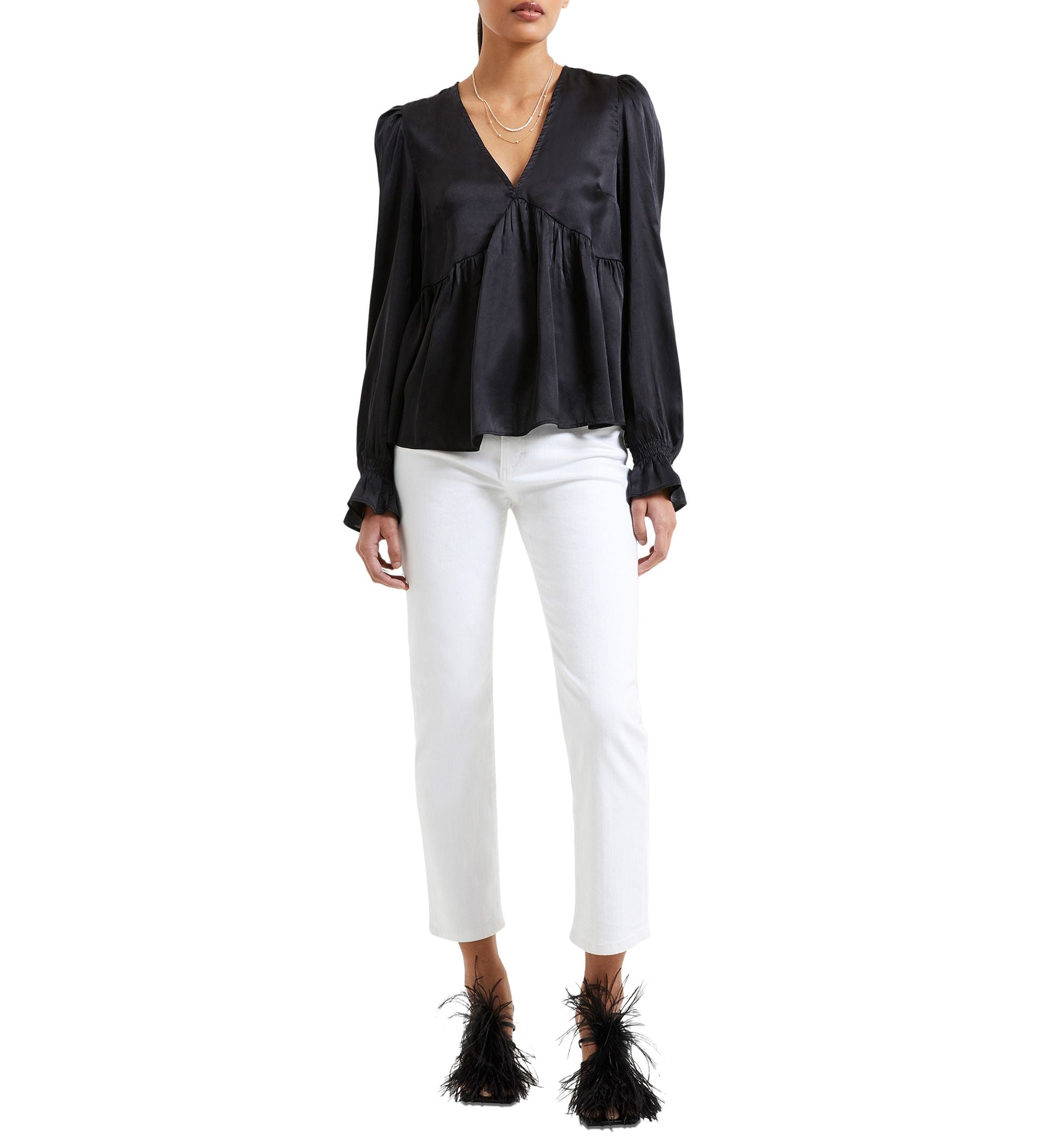 Women's Long-Sleeve Satin V-Neck Top