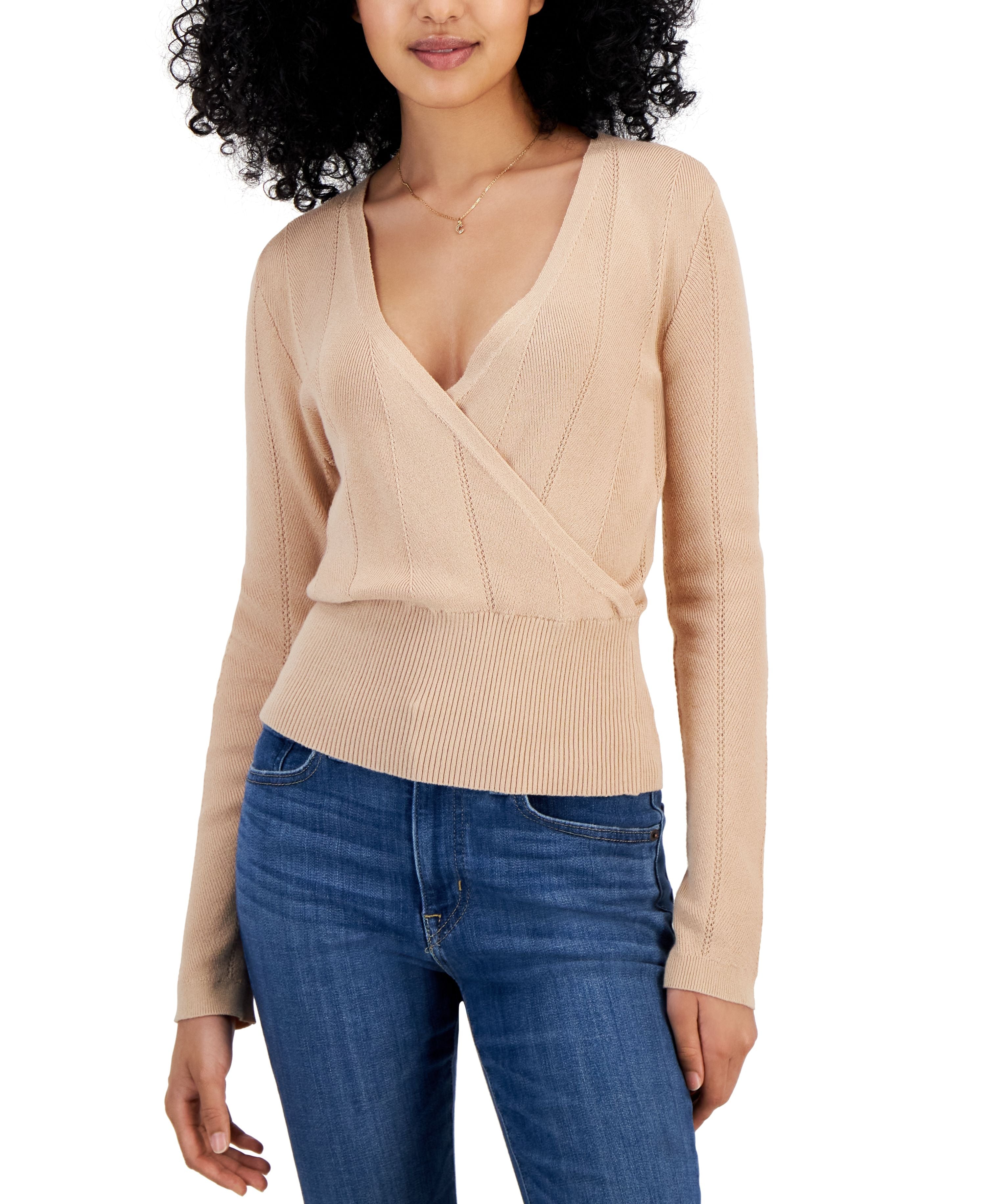 Juniors' Surplice-Neck Ribbed-Hem Sweater