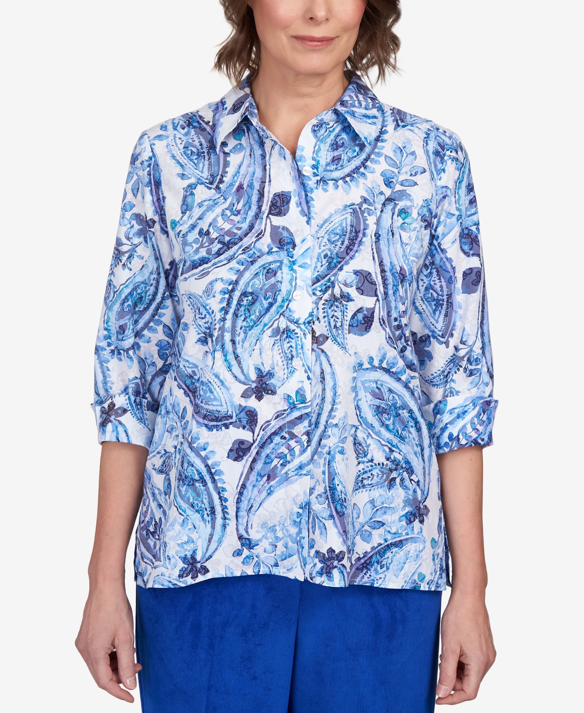 Petite Classics Paisley Power Button Down Top