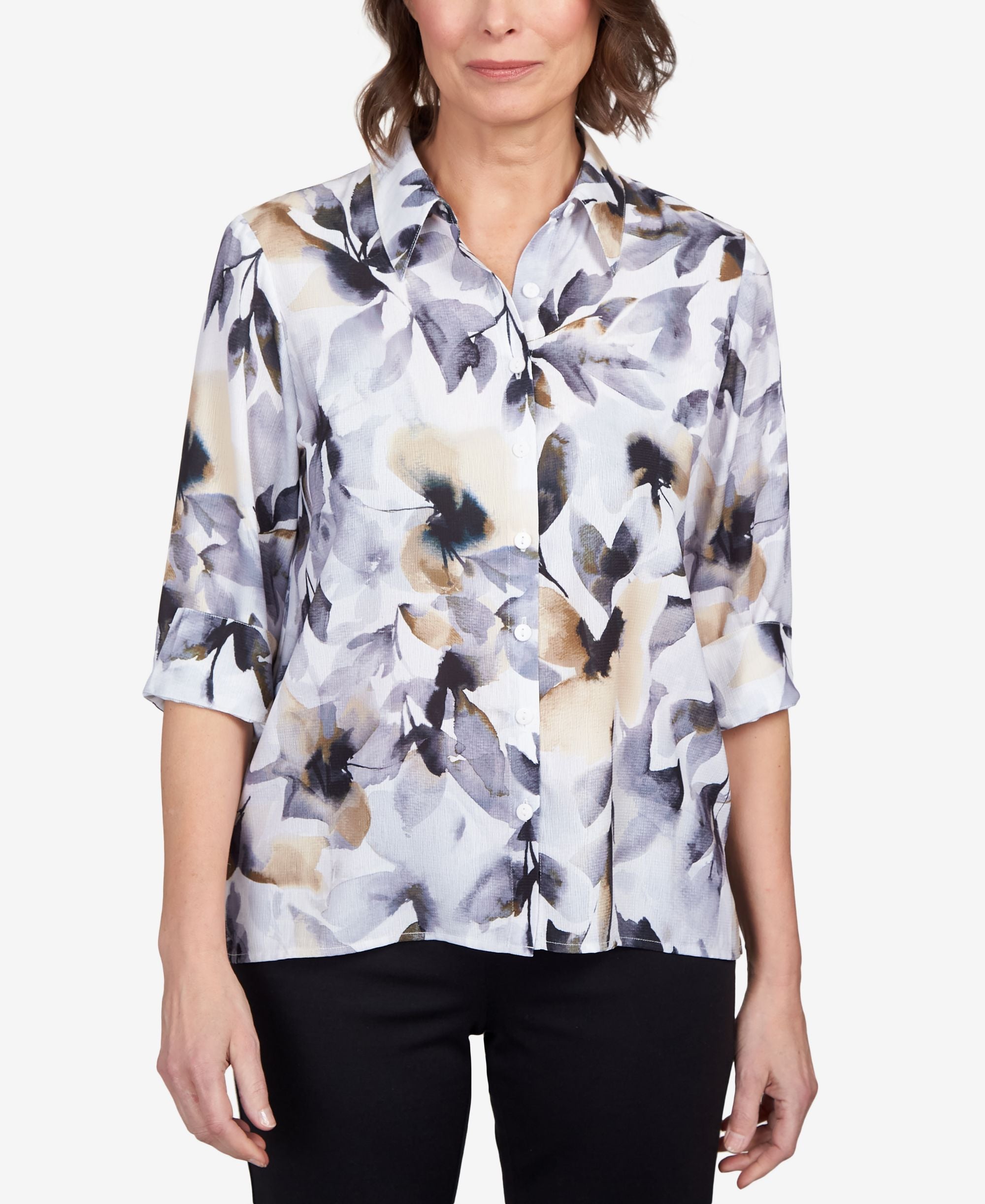Petite Classics Blotted Watercolor Floral Button Down Top