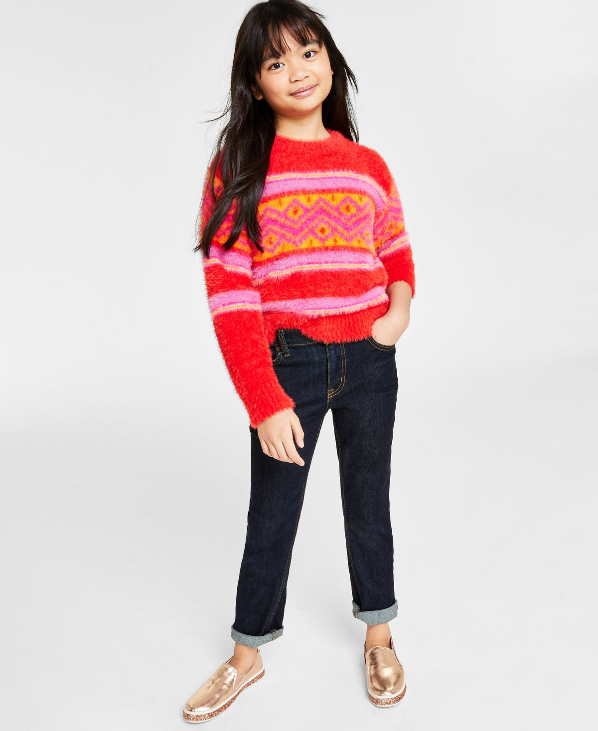 Holiday Lane Big Girls Fair Isle Crewneck Long-Sleeve Sweater
