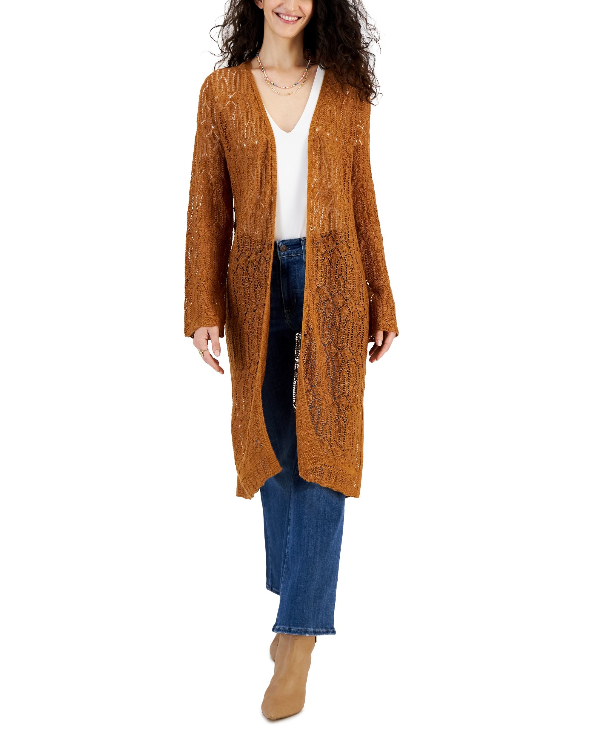 Juniors' Pointelle Bell-Sleeve Duster