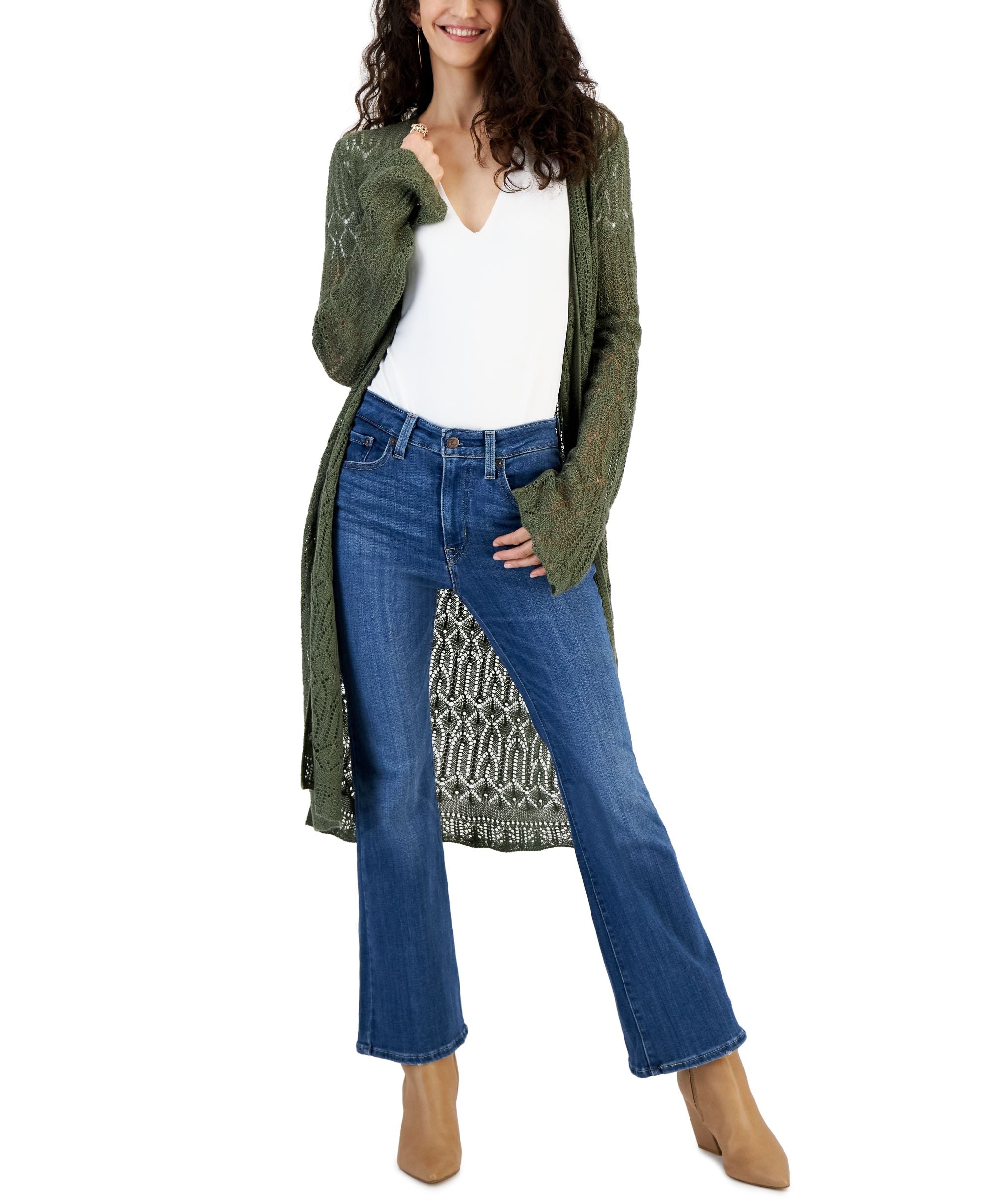 Juniors' Pointelle Bell-Sleeve Duster