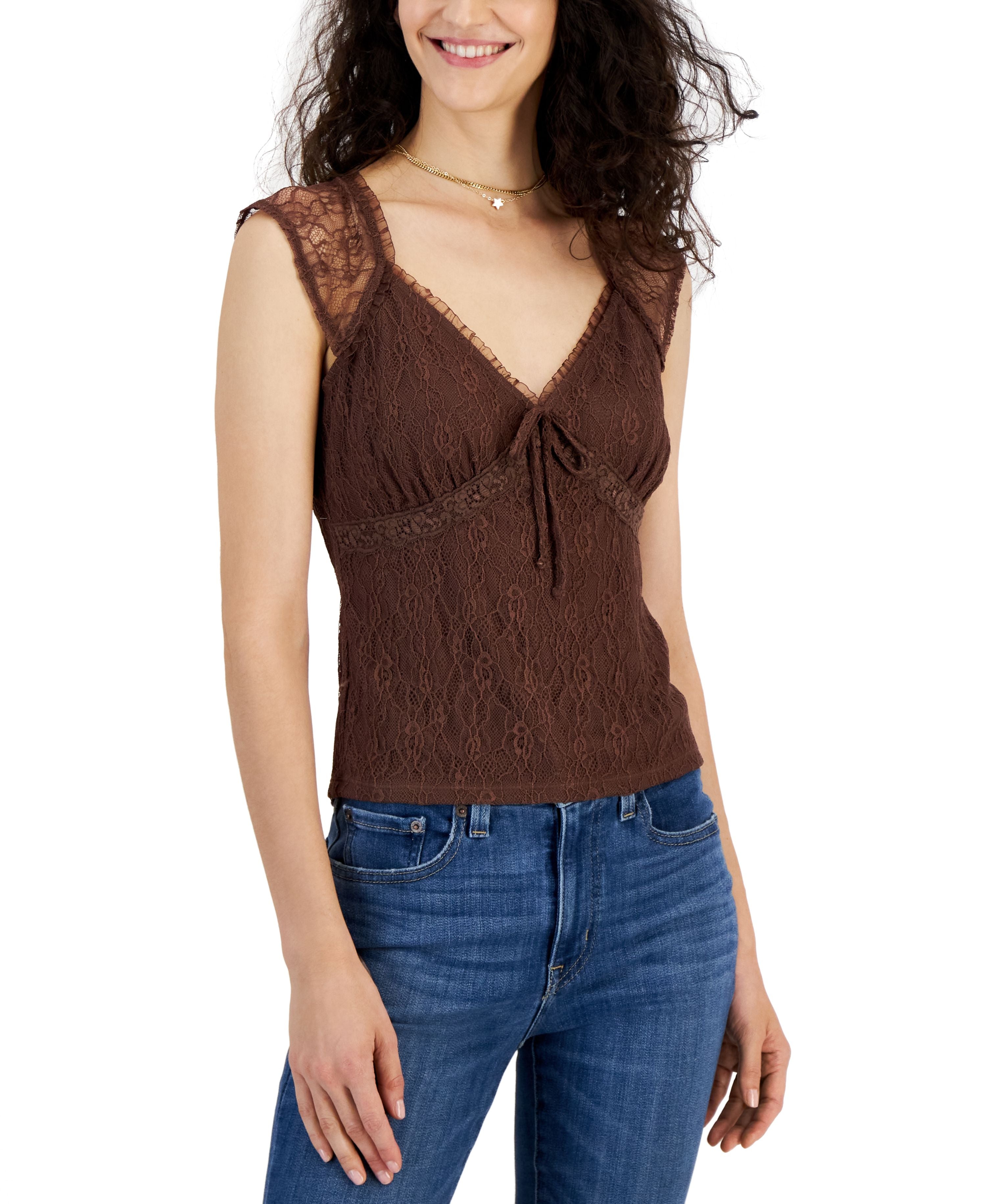 Juniors' Sweetheart-Neck Lace-Trim Cap-Sleeve Top