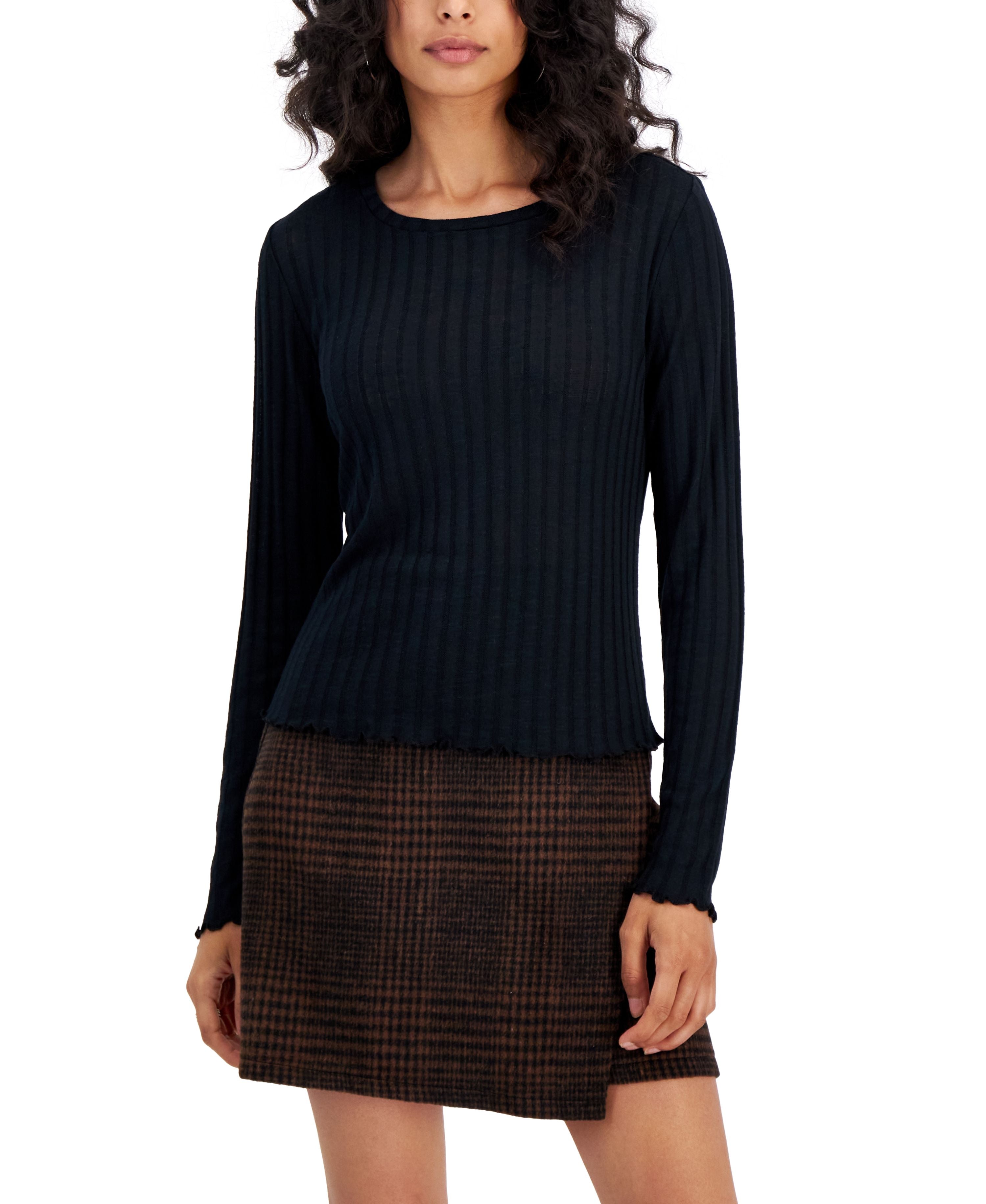 Juniors' Lettuce-Trim Long-Sleeve Top