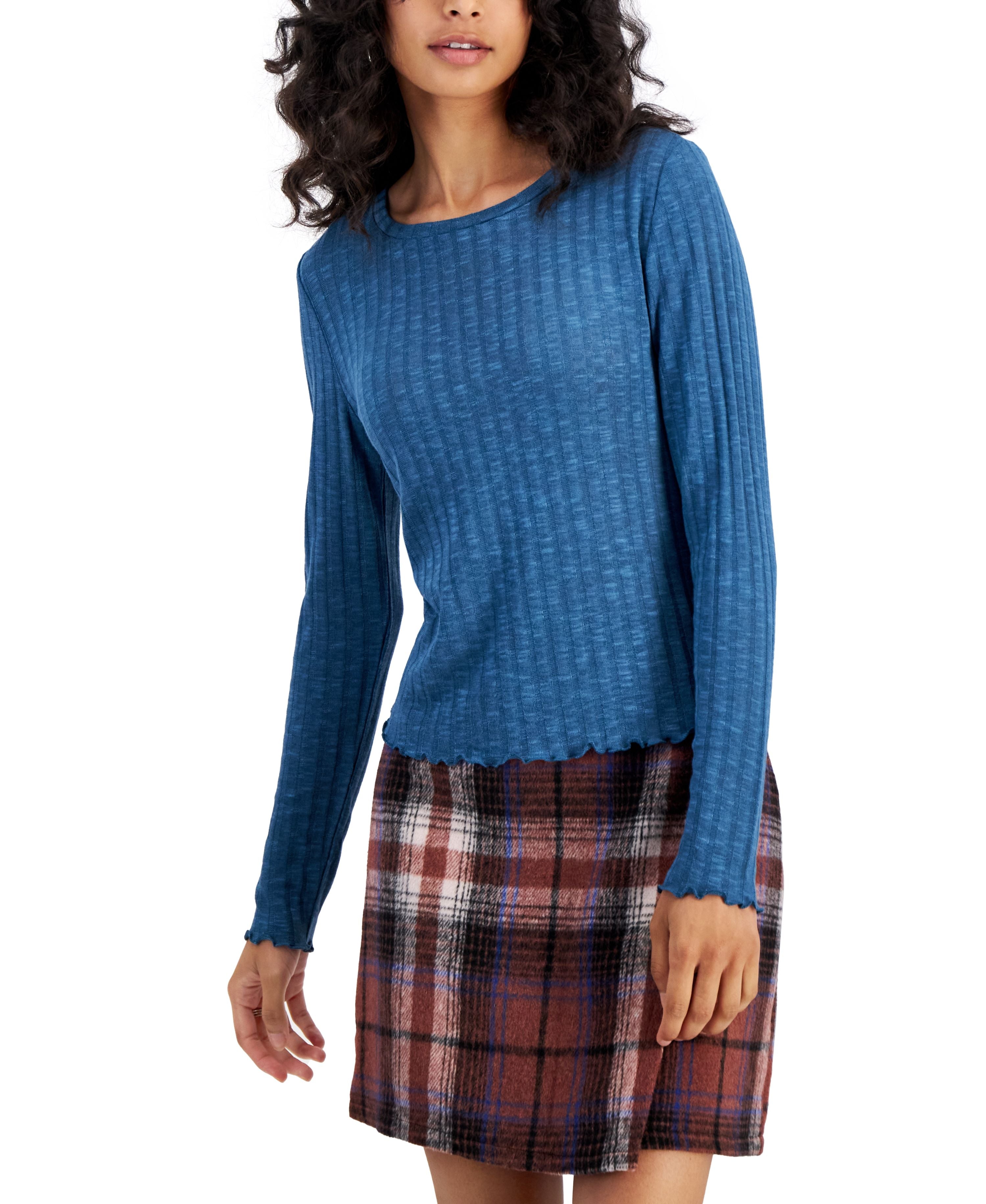 Juniors' Lettuce-Trim Long-Sleeve Top