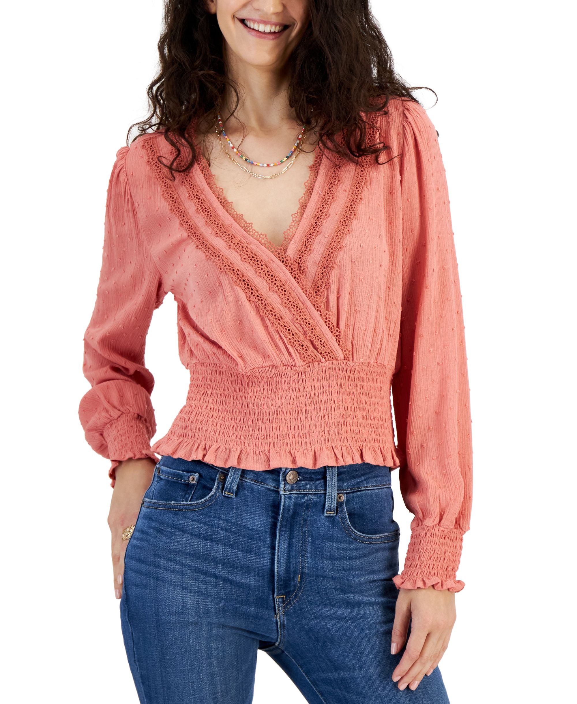 Juniors' Surplice-Neck Long-Sleeve Clip Dot Smocked Top