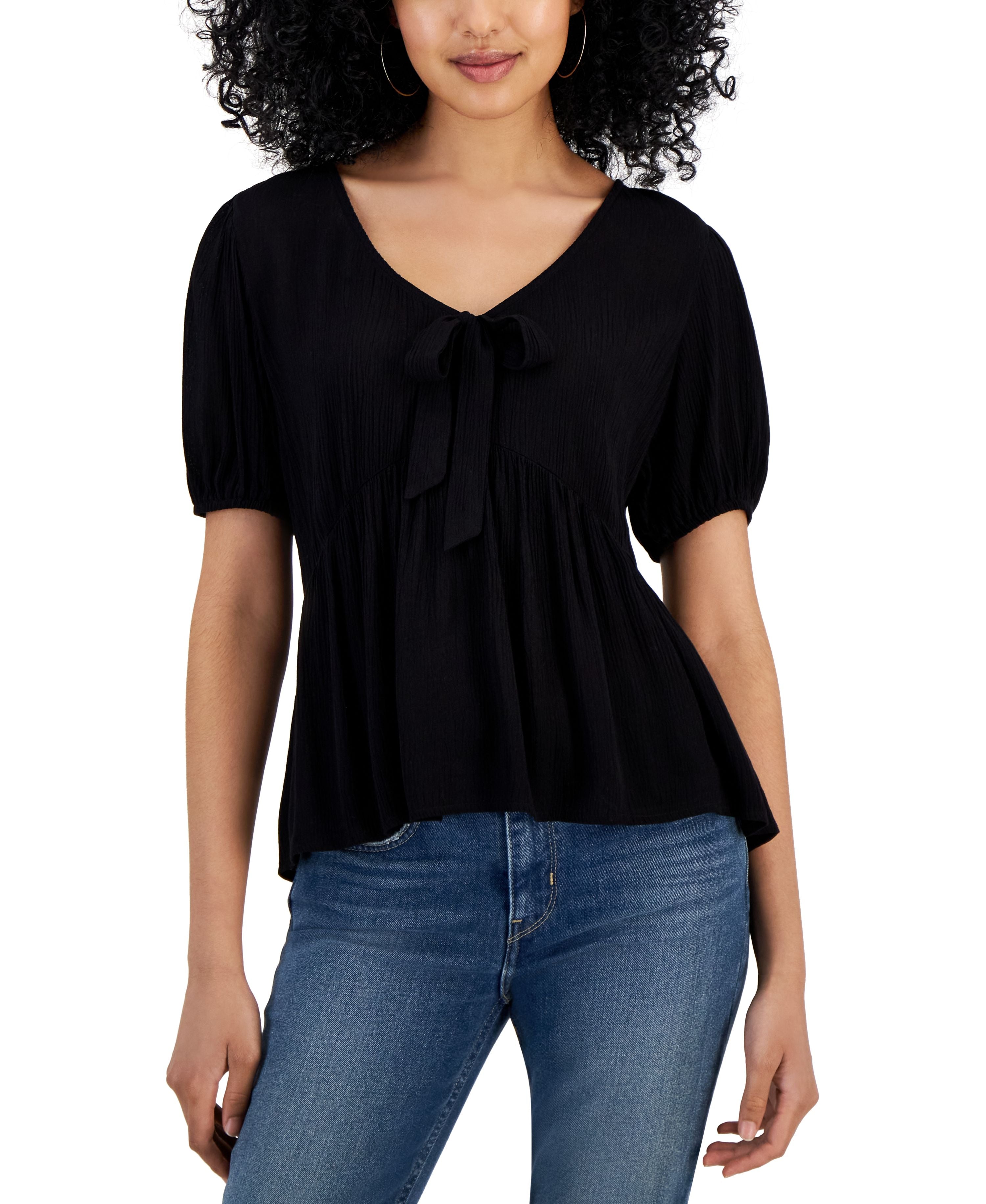 Juniors' Puff-Sleeve Bow Babydoll Top