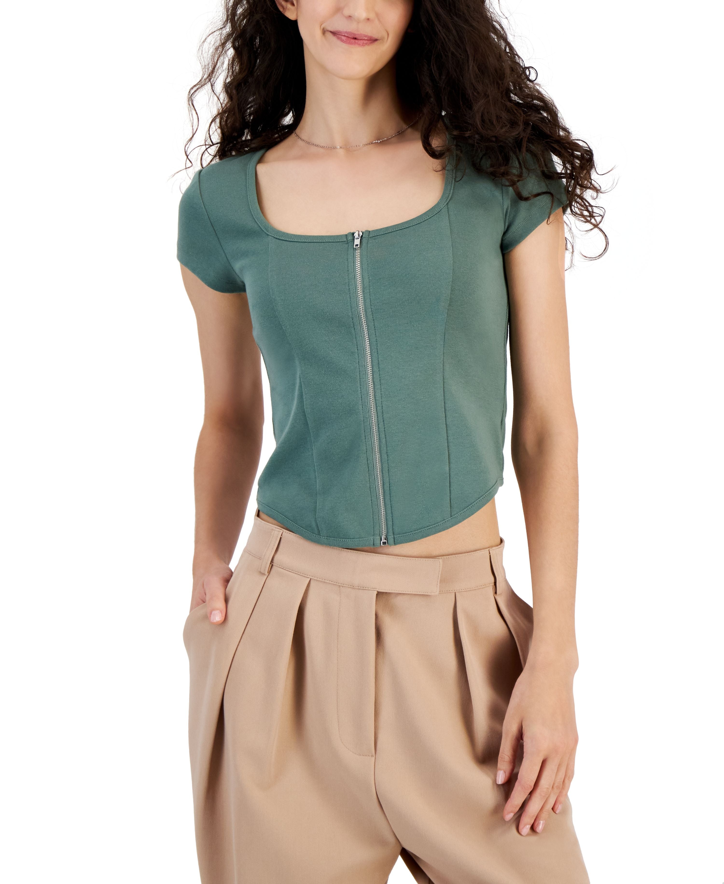 Juniors' Zip-Front Corset Short-Sleeve T-Shirt