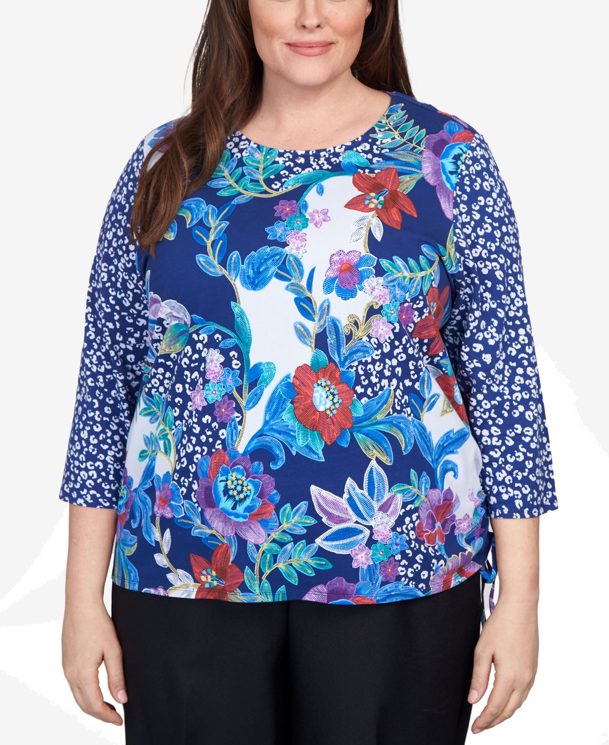 Plus Size Classics Batik Floral Patch Drawstring Top