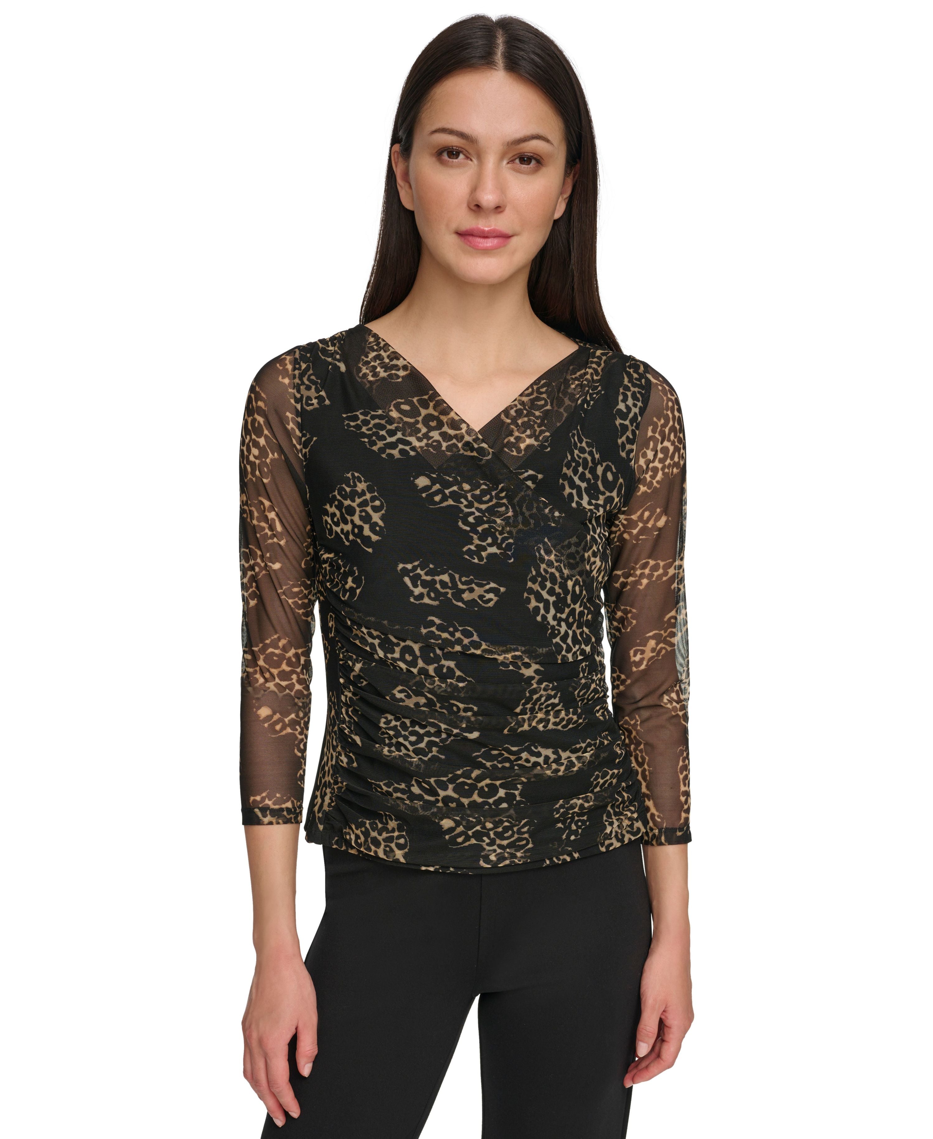 Women's 3/4-Sleeve Printed Mesh V-Neck Top & High-Rise Pleated Roll-Cuff Pants