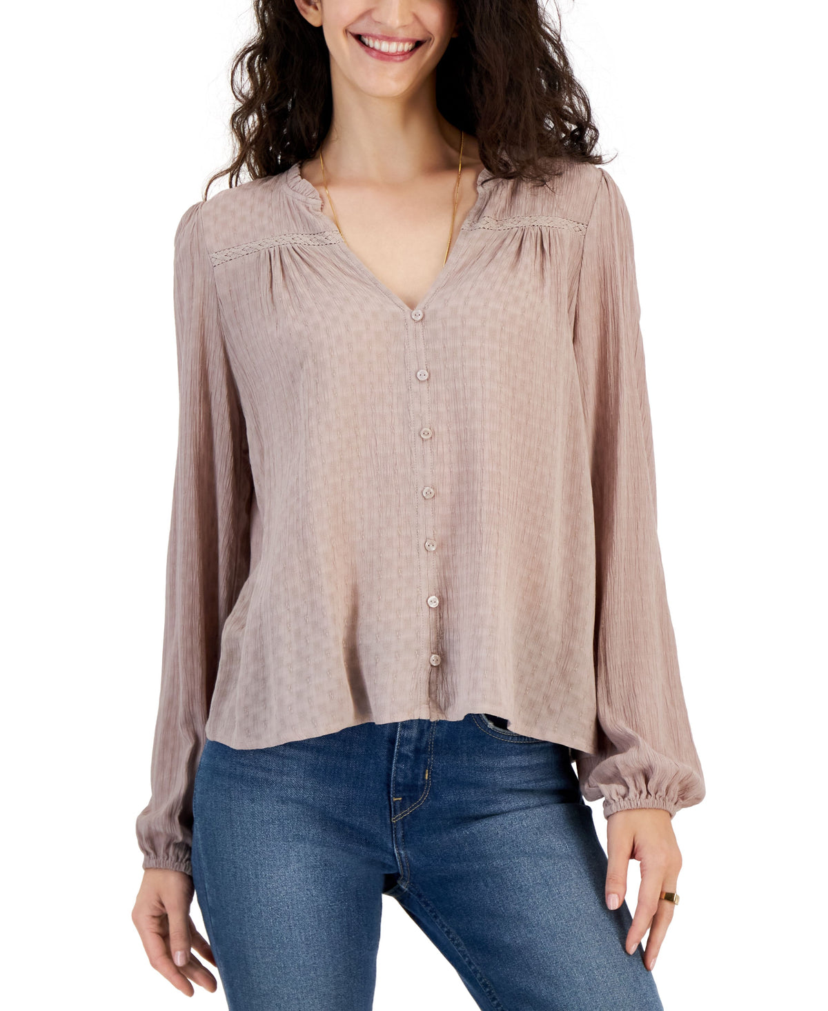 Juniors' V-Neck Button-Front Long-Sleeve Top