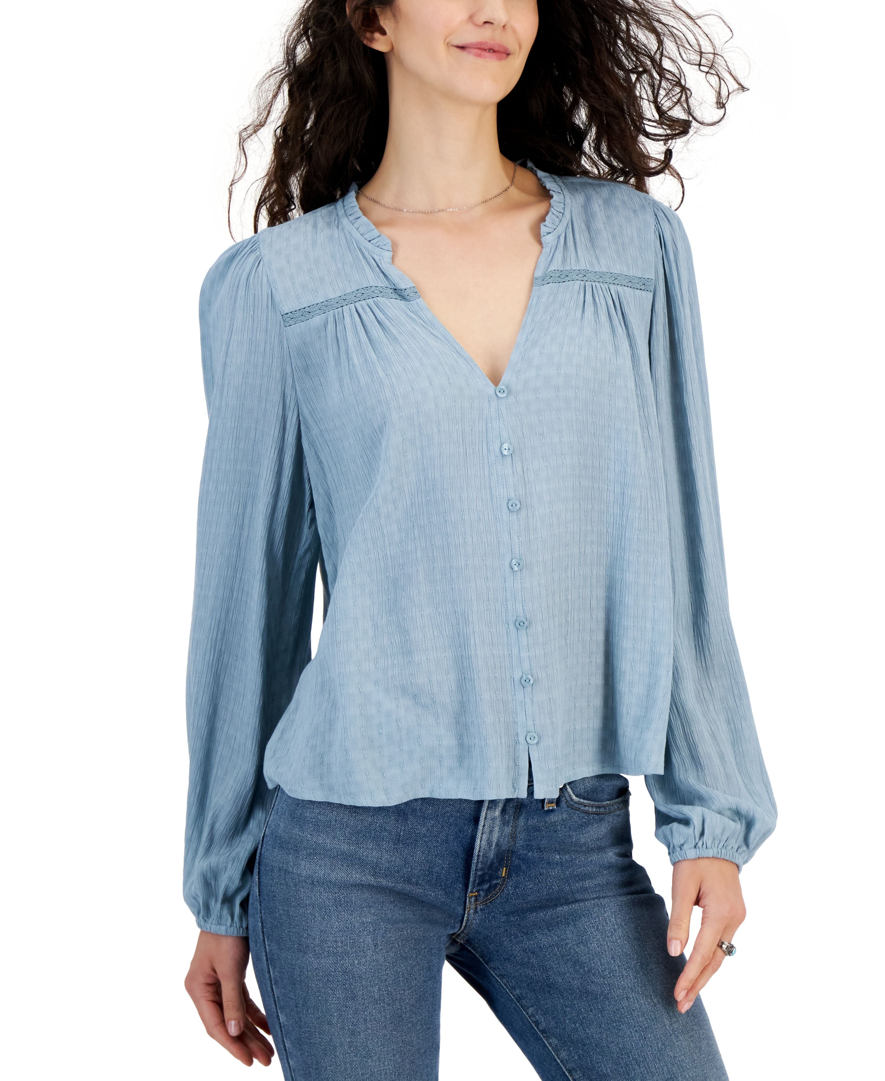 Juniors' V-Neck Button-Front Long-Sleeve Top