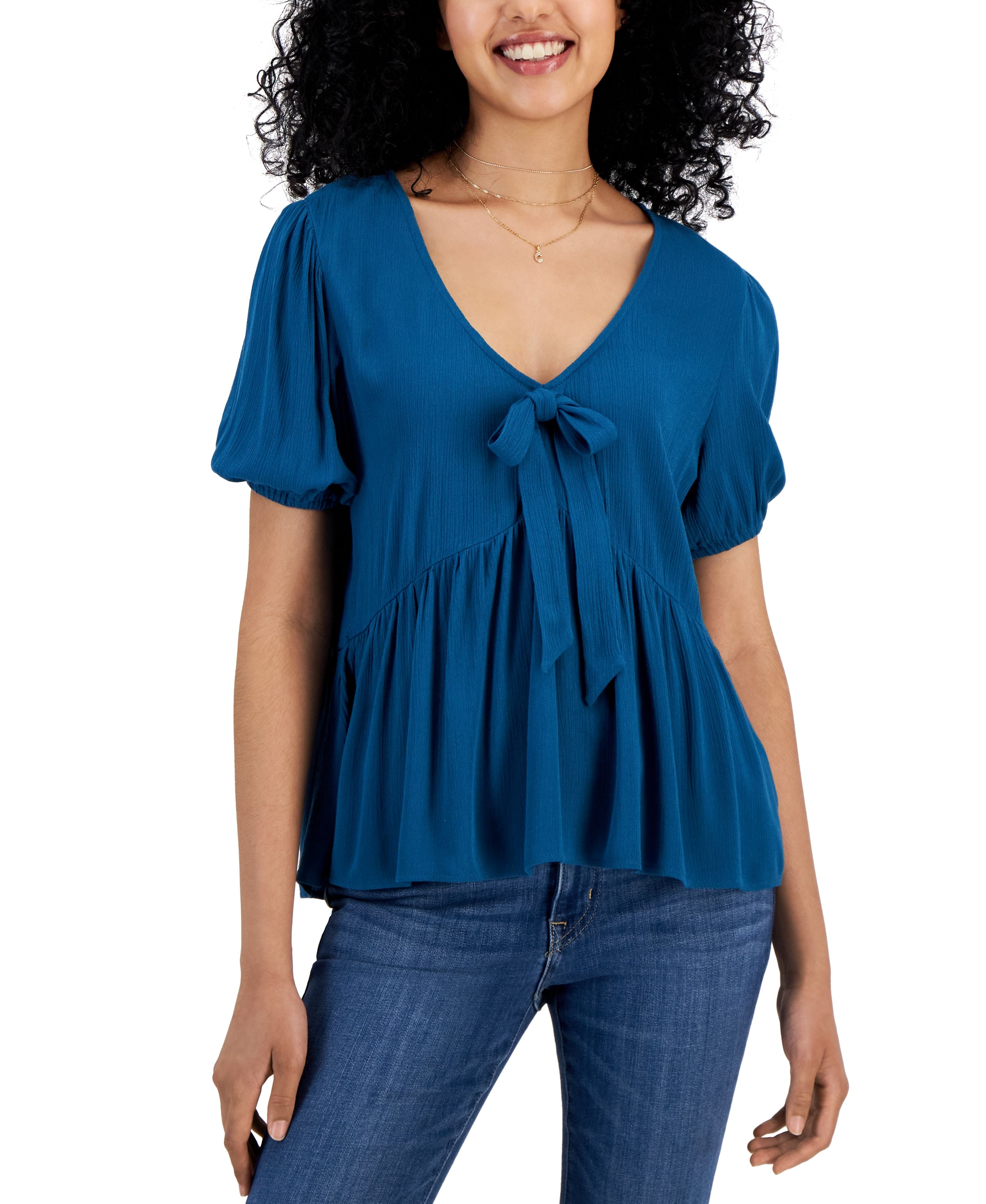 Juniors' Puff-Sleeve Bow Babydoll Top