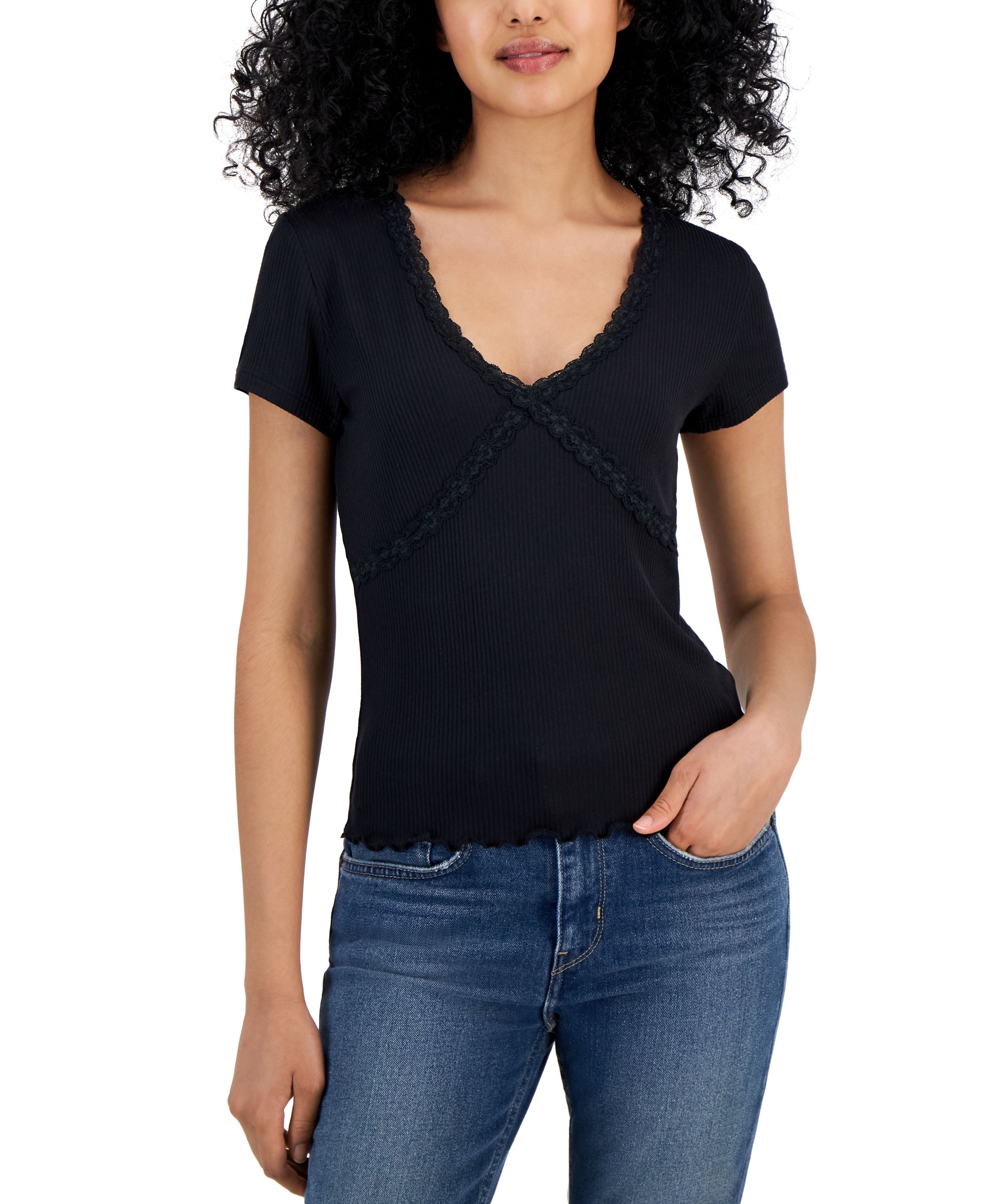 Juniors' Lace-Trim V-Neck T-Shirt