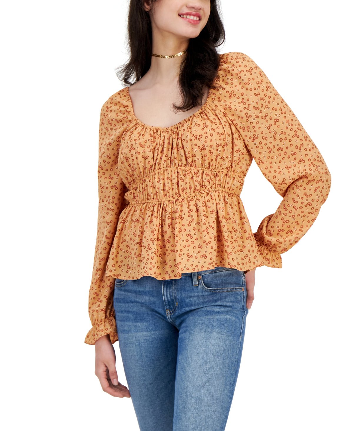 Juniors' Puffed-Sleeve Peplum-Hem Top