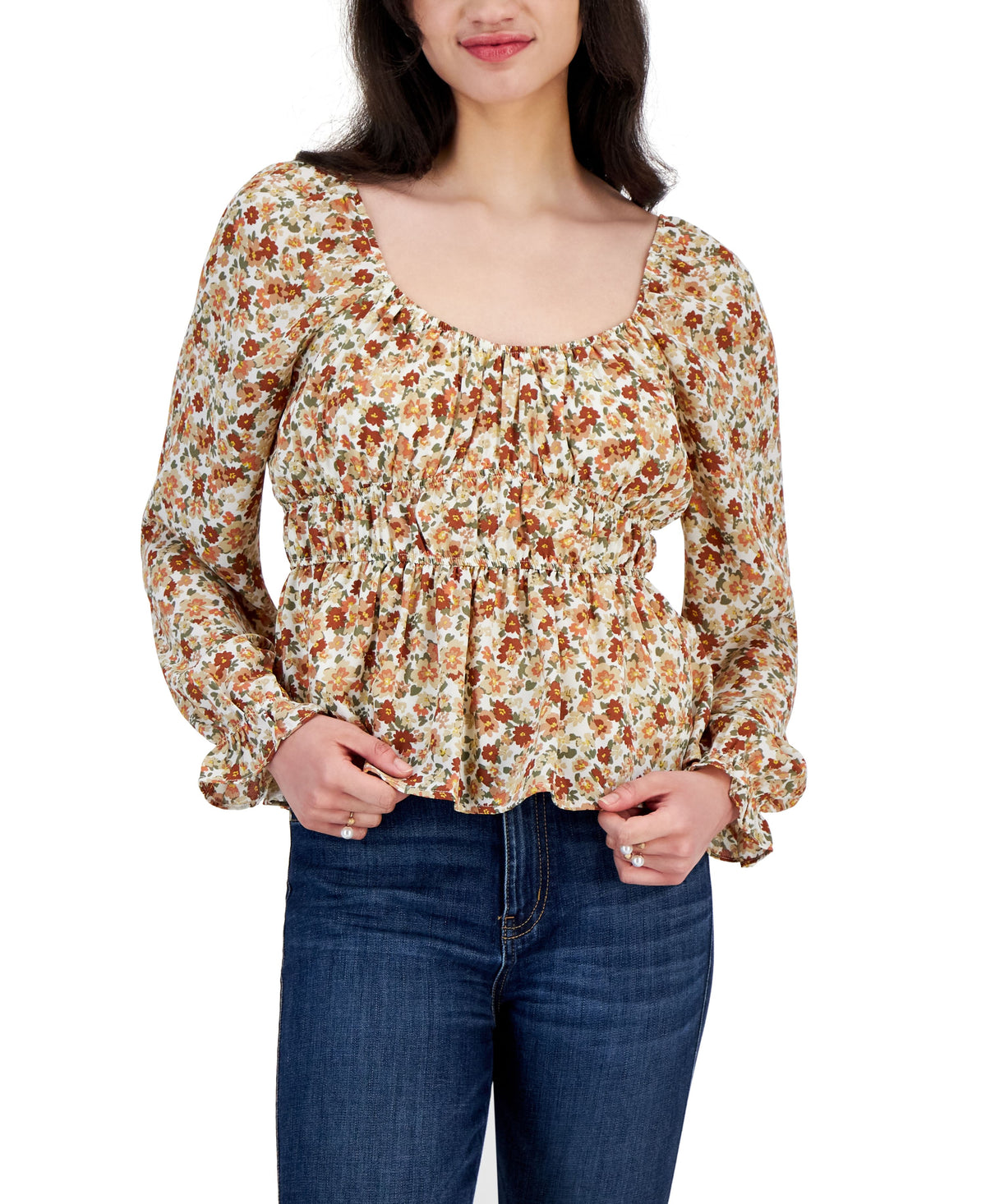 Juniors' Puffed-Sleeve Peplum-Hem Top
