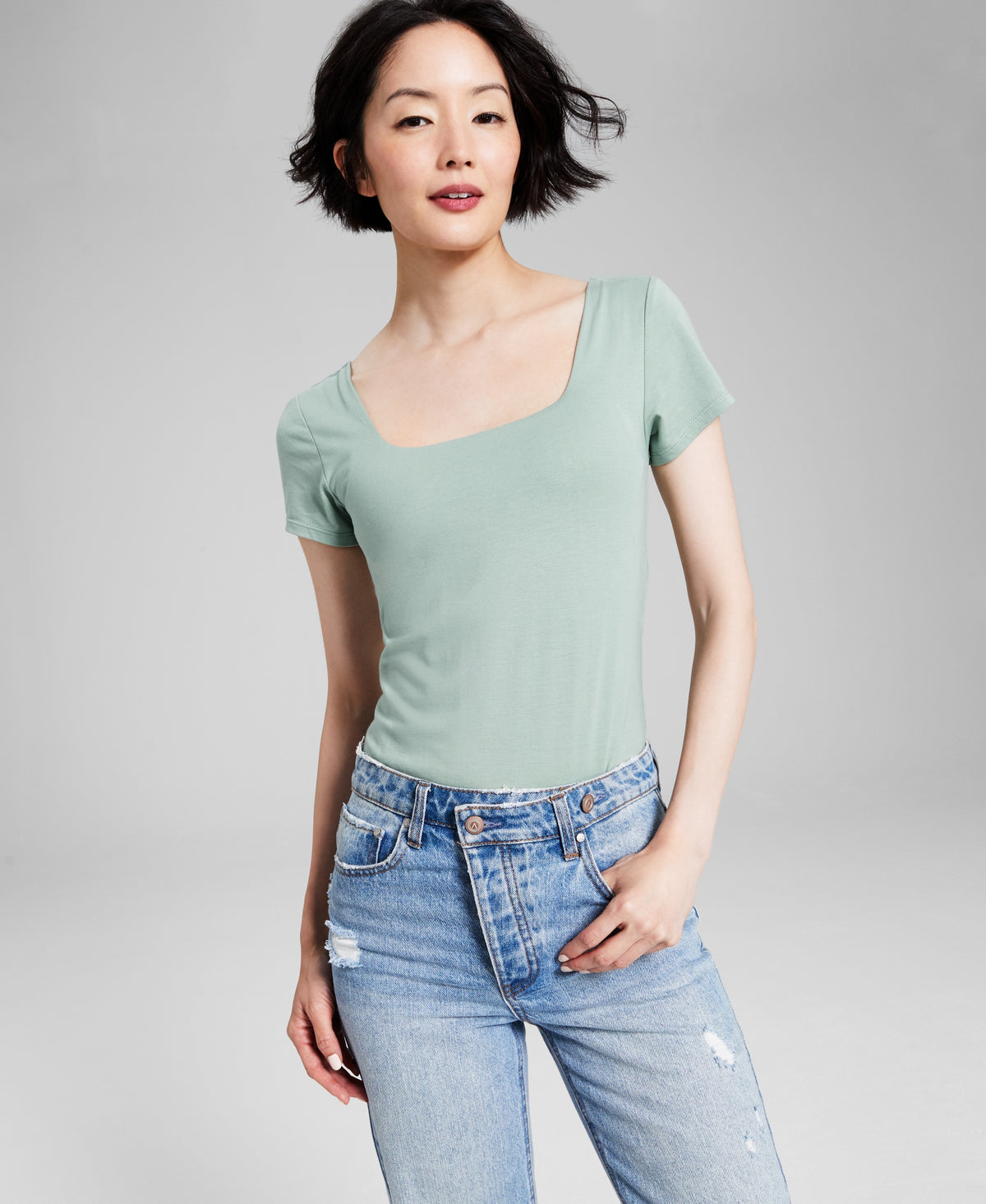 Women's Square-Neck Short-Sleeve Double-Layered Bodysuit