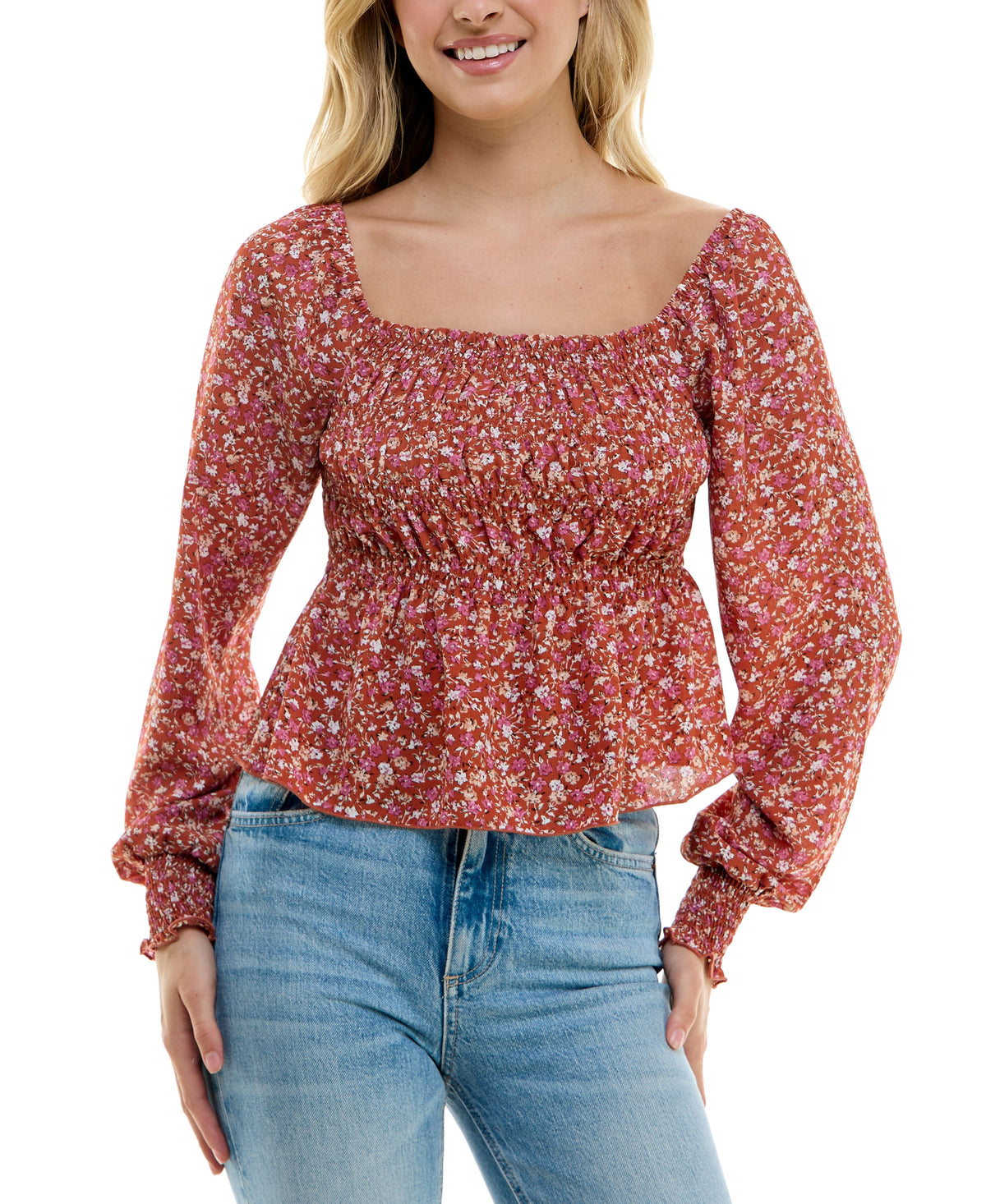 Juniors' Smocked Peplum Top